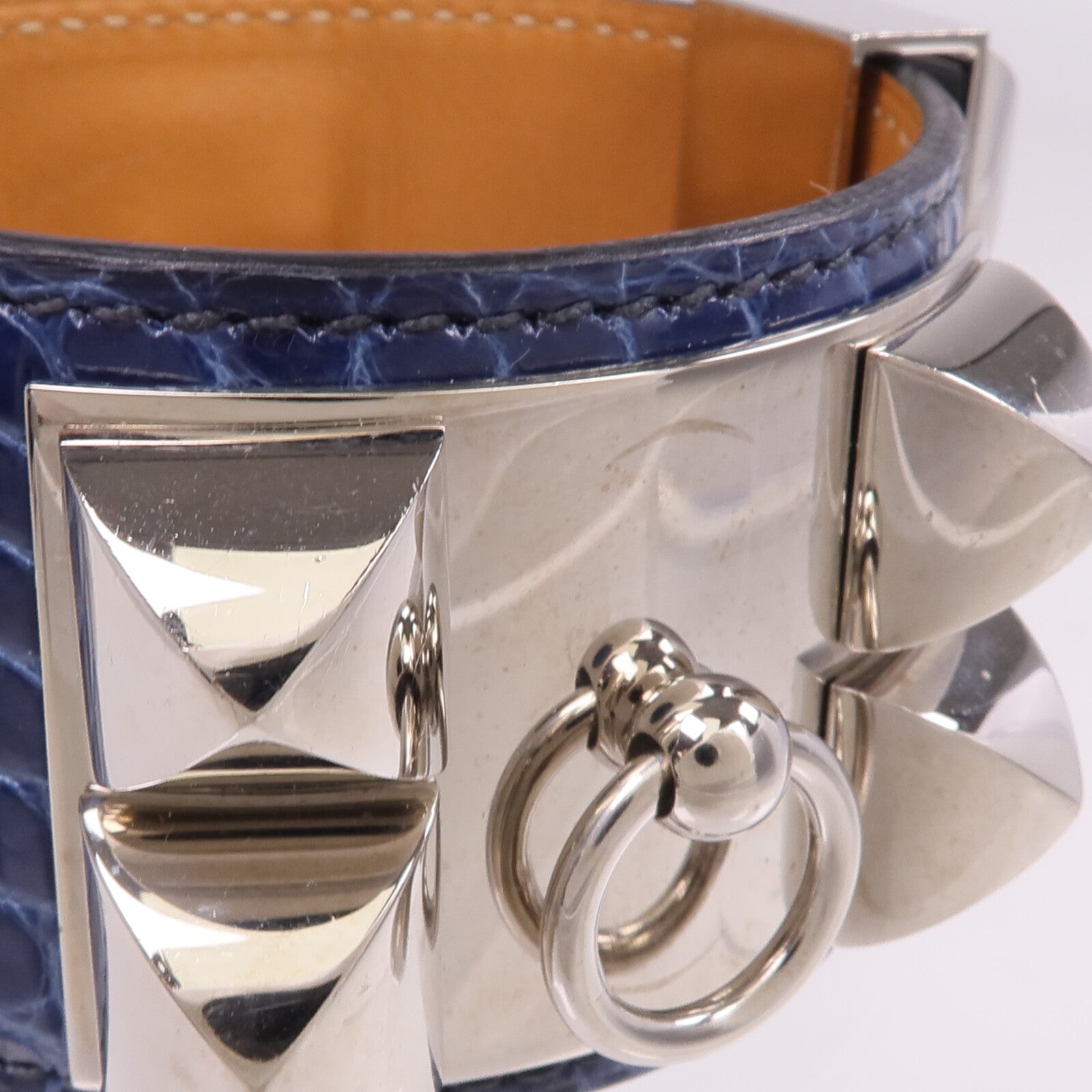 HERMES Alligator皮革Collier de Chien Bracelet銀扣手鐲Bleu Colvert