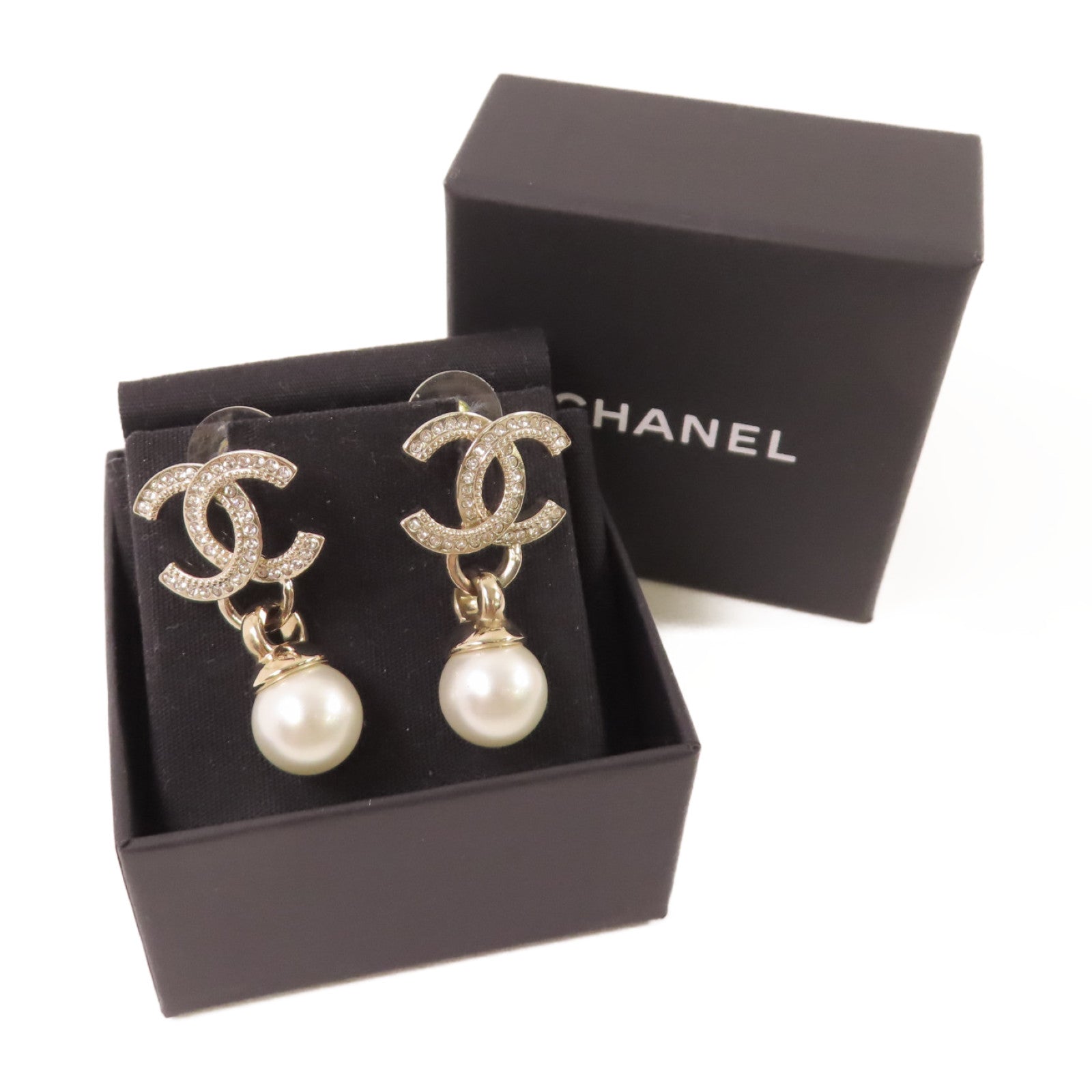 CHANEL 金屬/水晶玻璃/仿珍珠CC Earrings耳環珍珠色/金色