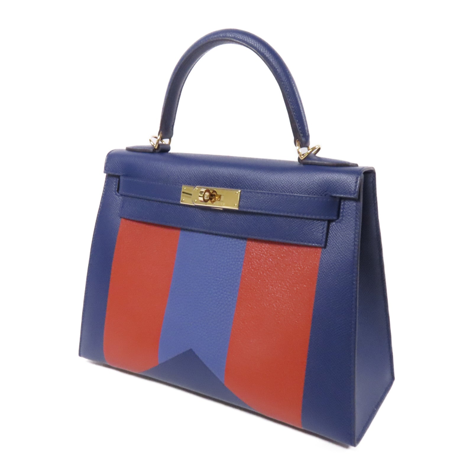 HERMES Epsom/Clemence皮革Kelly 28金扣手挽肩背兩用袋 Bleu Saphir/ Brique