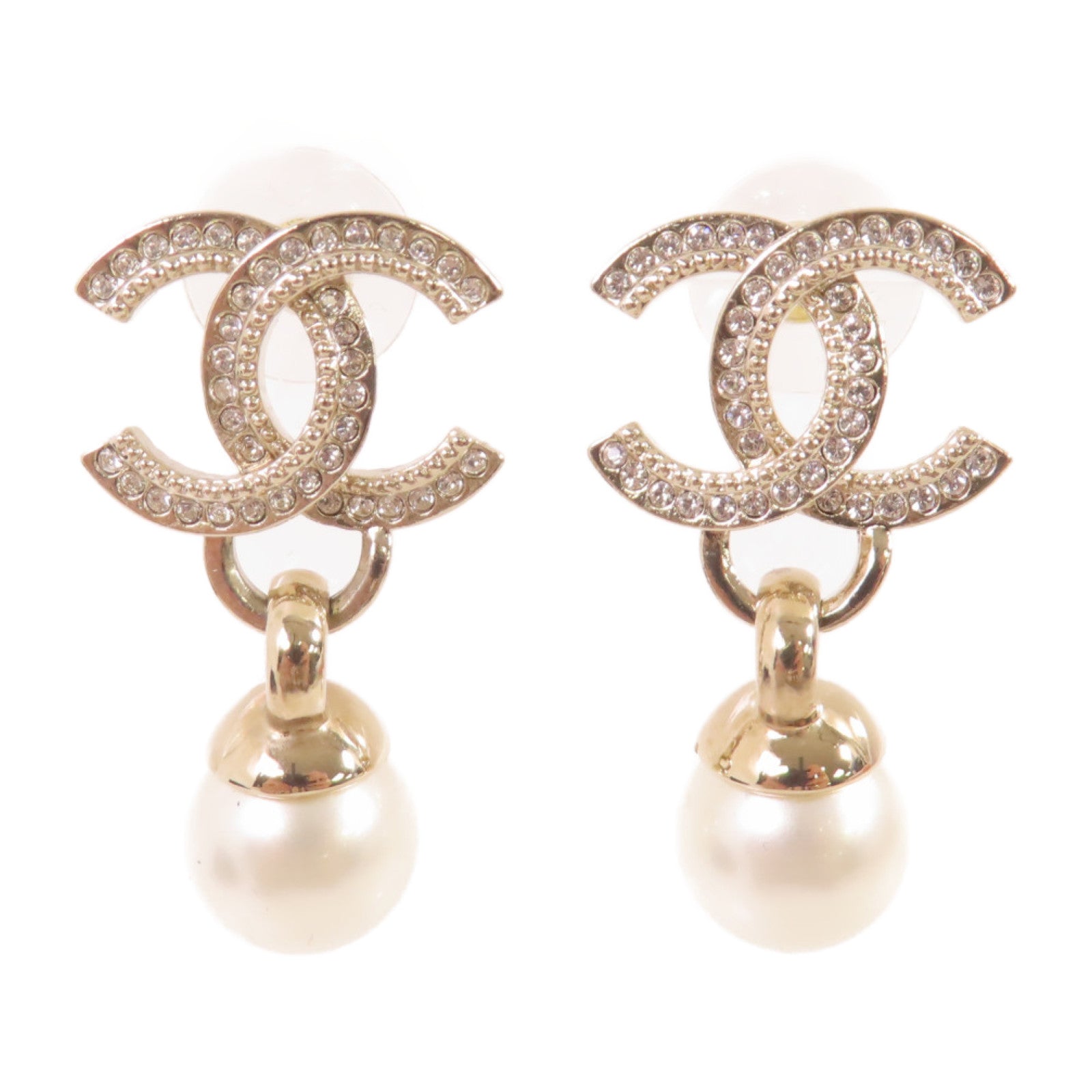 CHANEL 金屬/水晶玻璃/仿珍珠CC Earrings耳環珍珠色/金色