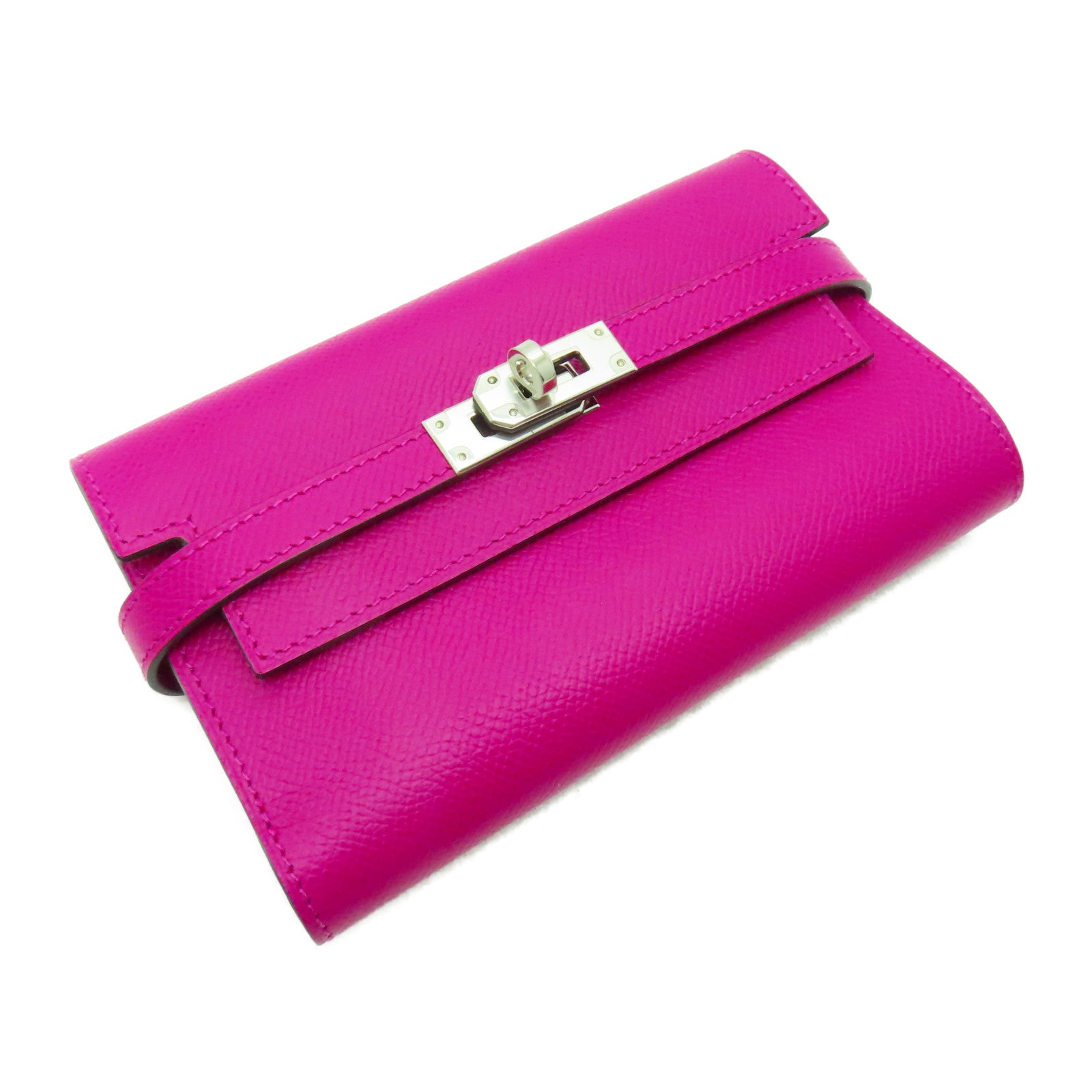 HERMES Epsom皮革Kelly Wallet銀扣長錢包玫瑰紫色