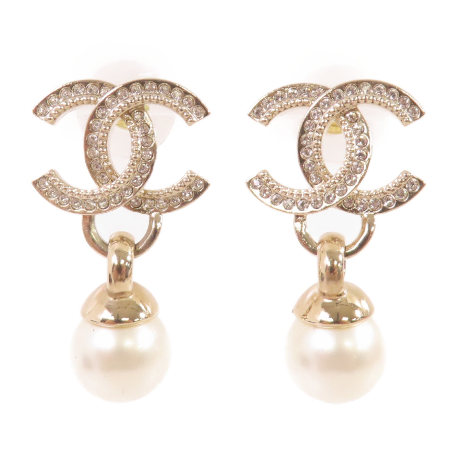CHANEL 金屬/水晶玻璃/仿珍珠CC Earrings耳環珍珠色/金色