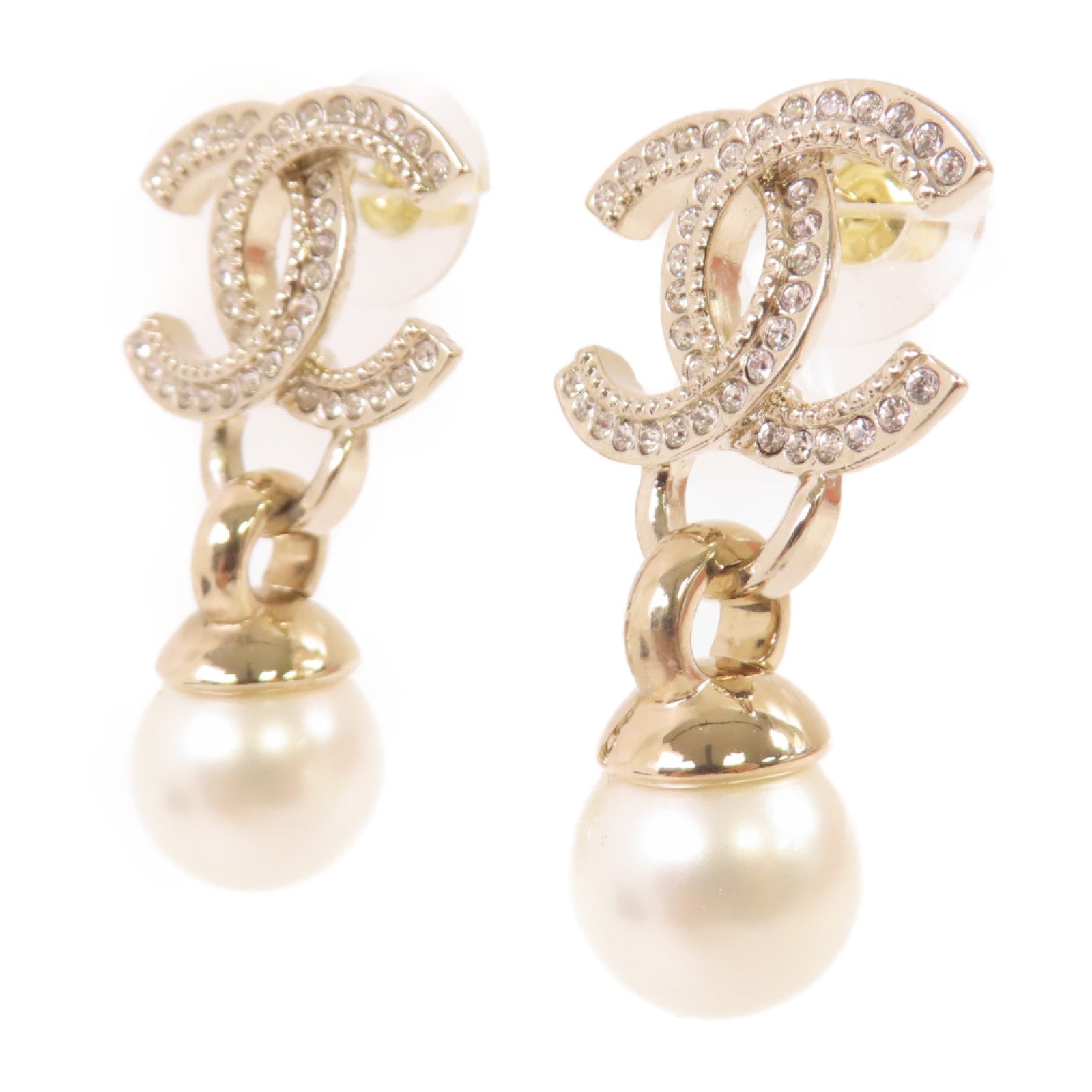 CHANEL 金屬/水晶玻璃/仿珍珠CC Earrings耳環珍珠色/金色
