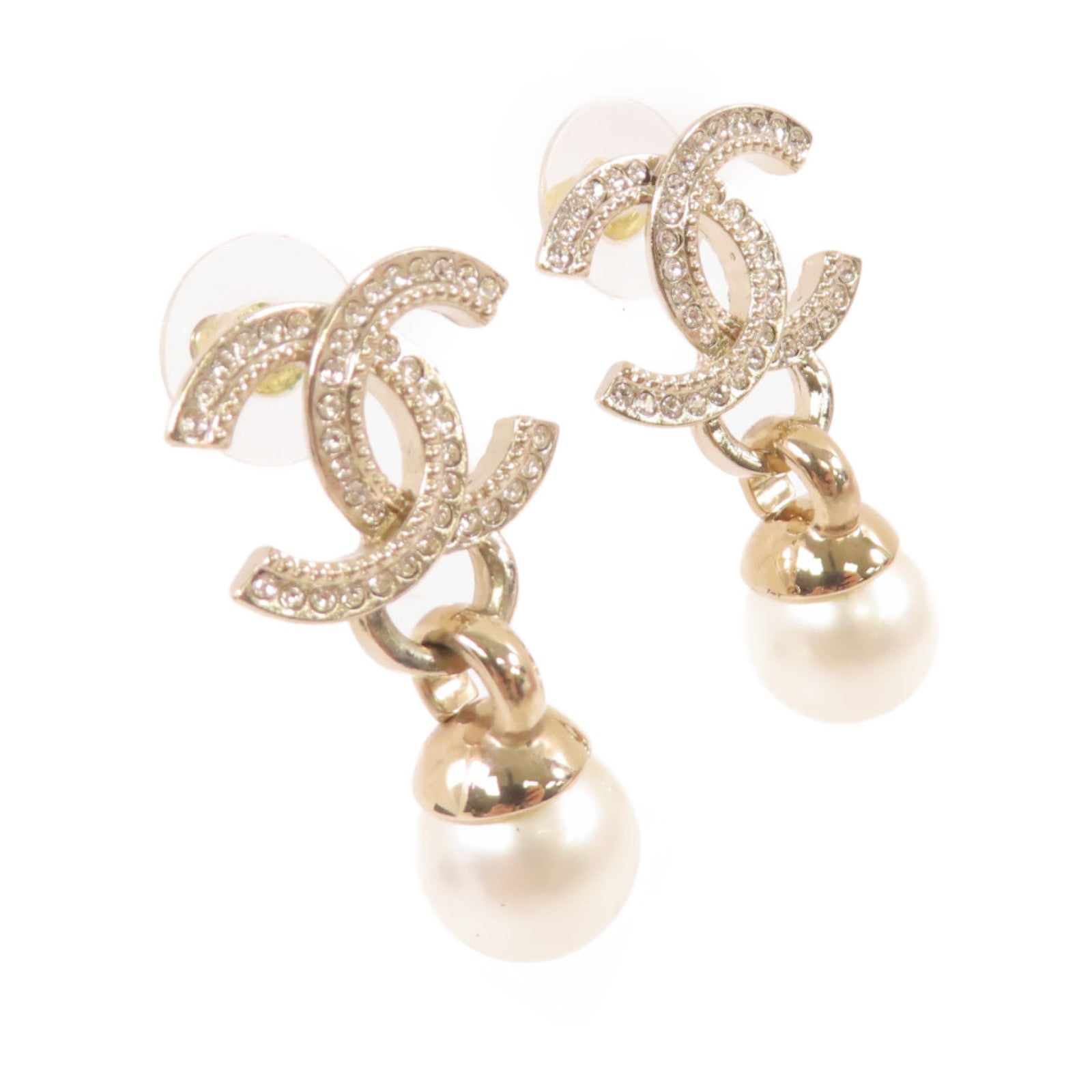 CHANEL 金屬/水晶玻璃/仿珍珠CC Earrings耳環珍珠色/金色