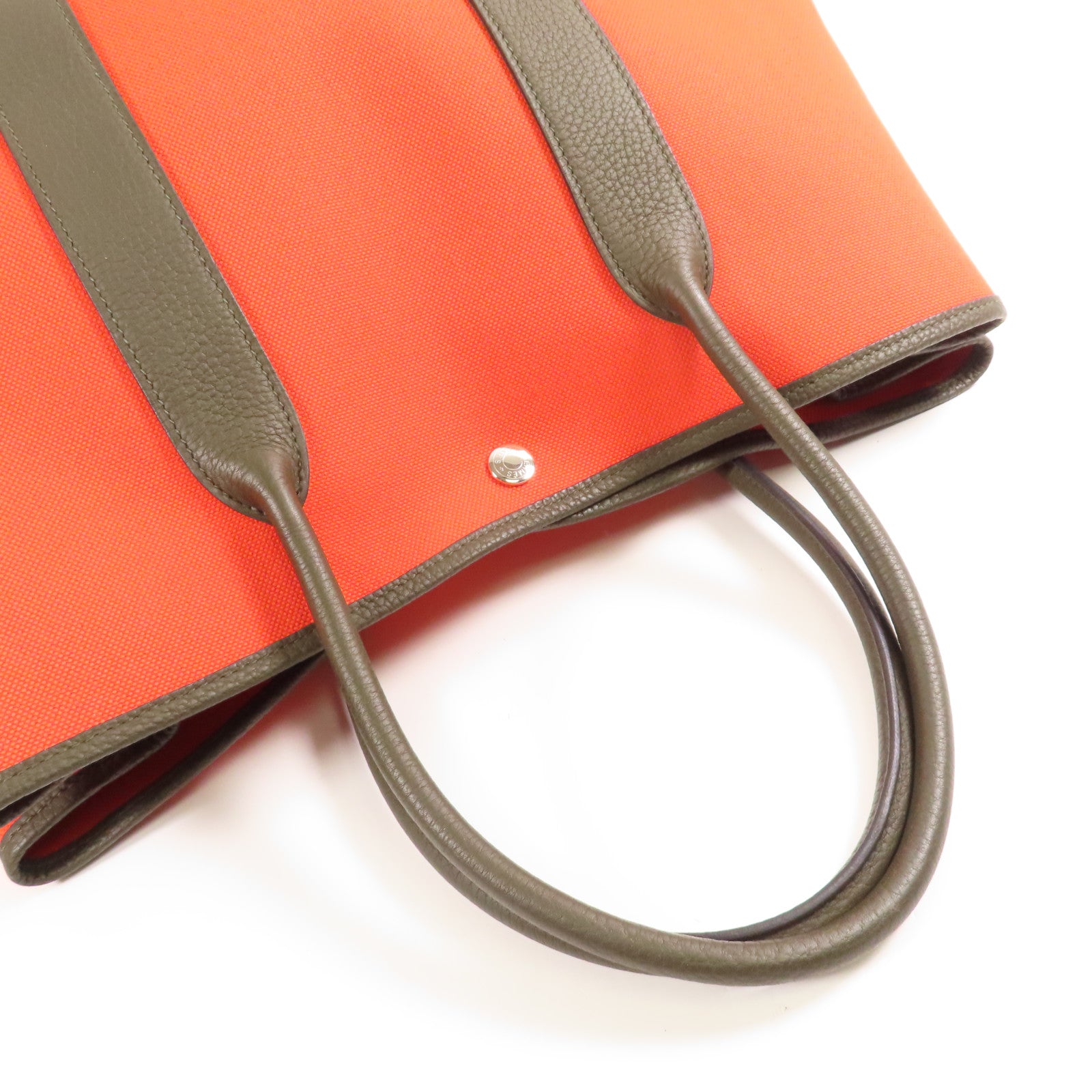 HERMES 【激減優惠】帆布/皮革Garden Party PM銀扣手挽袋Terre Battue/Rough