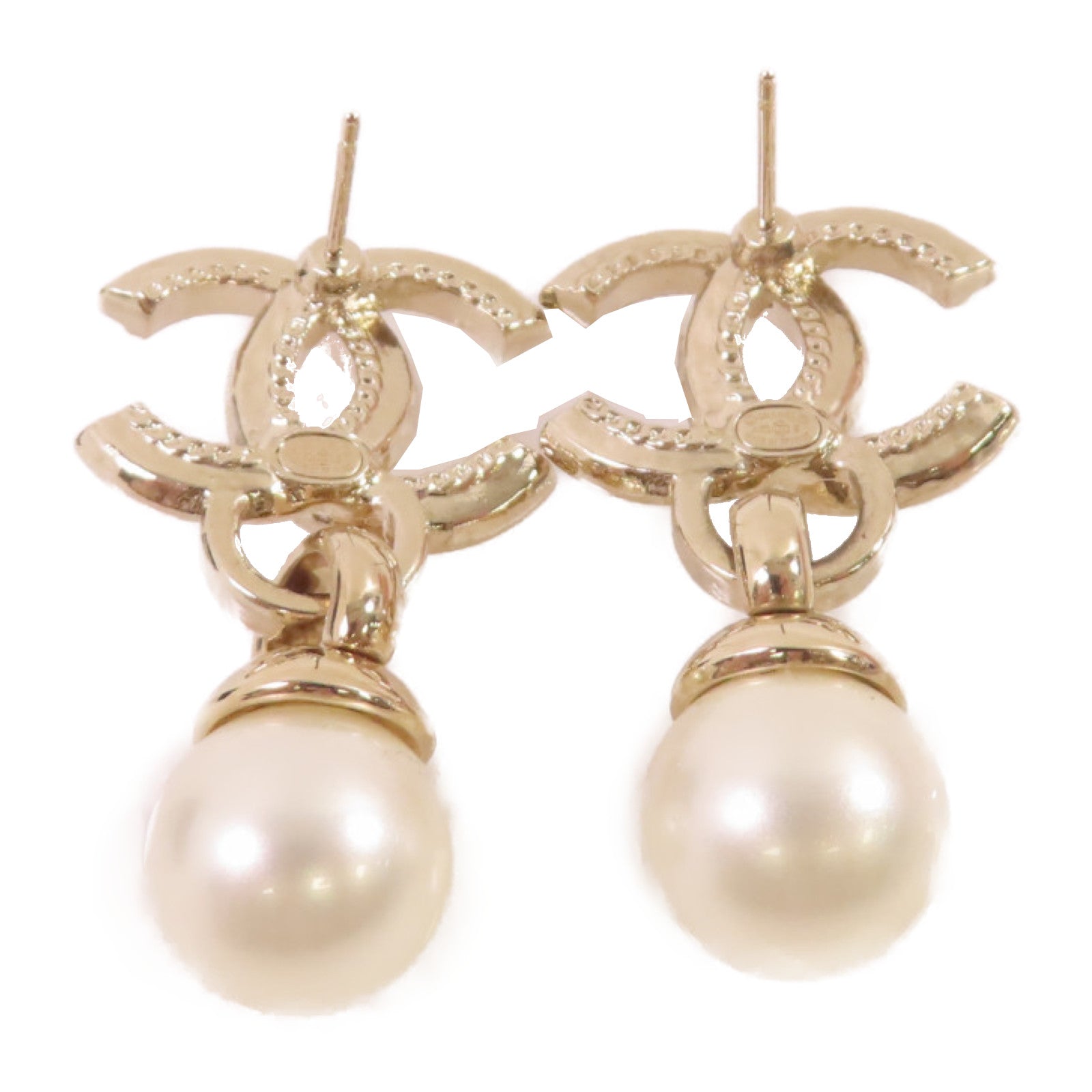 CHANEL 金屬/水晶玻璃/仿珍珠CC Earrings耳環珍珠色/金色