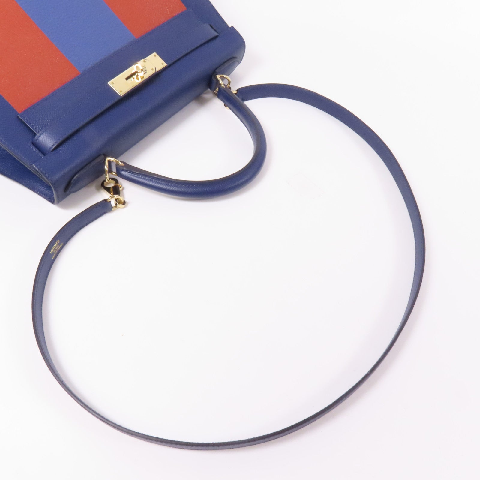 HERMES Epsom/Clemence皮革Kelly 28金扣手挽肩背兩用袋 Bleu Saphir/ Brique