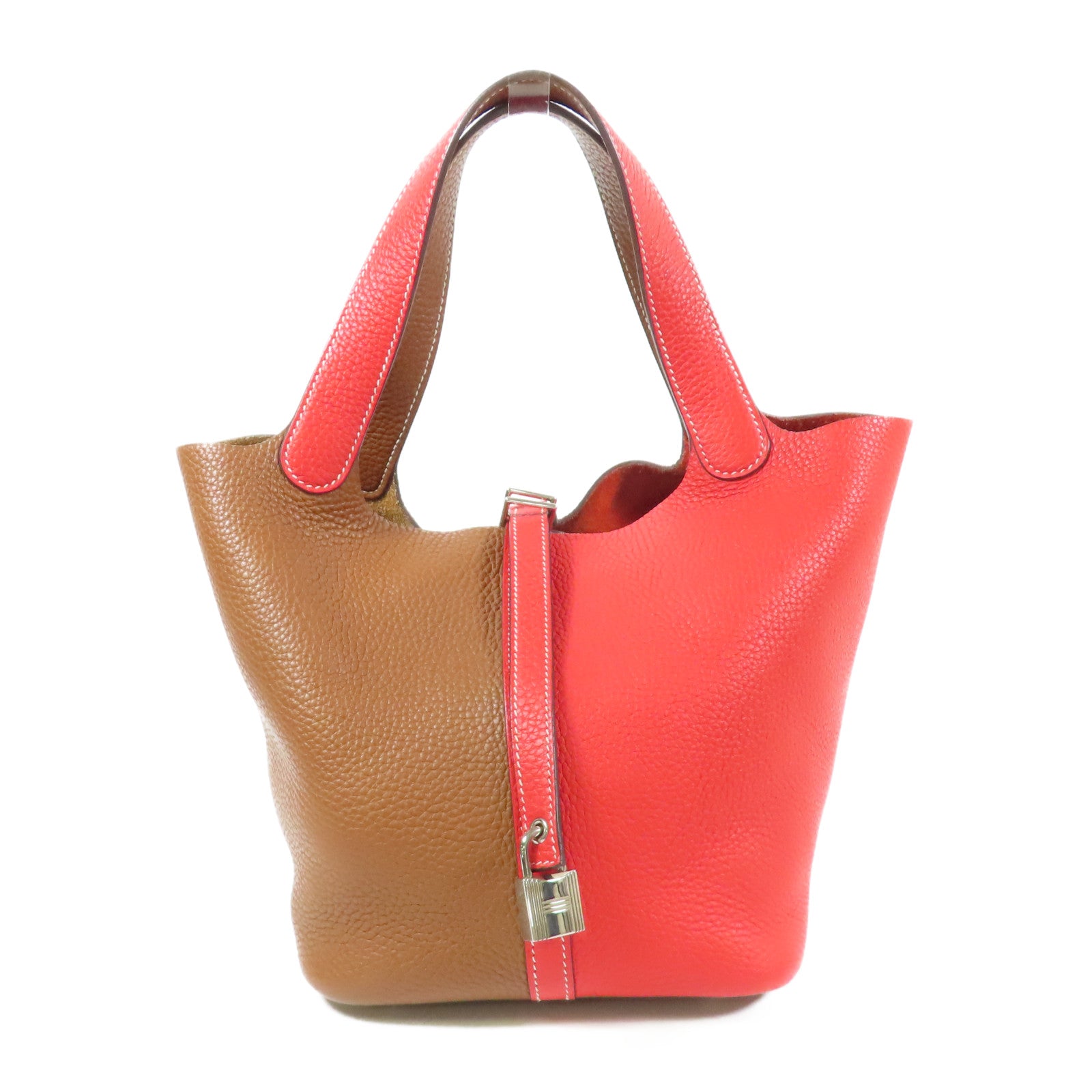 HERMES Clemence皮革Picotin MM銀扣手挽袋Gold/Rouge de Coeu