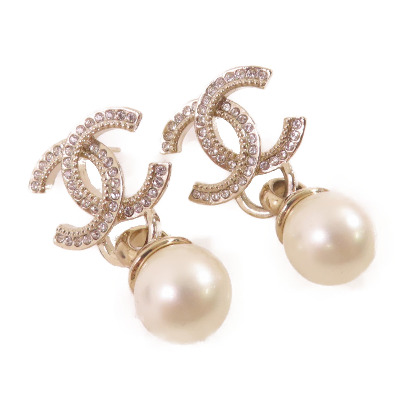 CHANEL 金屬/水晶玻璃/仿珍珠CC Earrings耳環珍珠色/金色