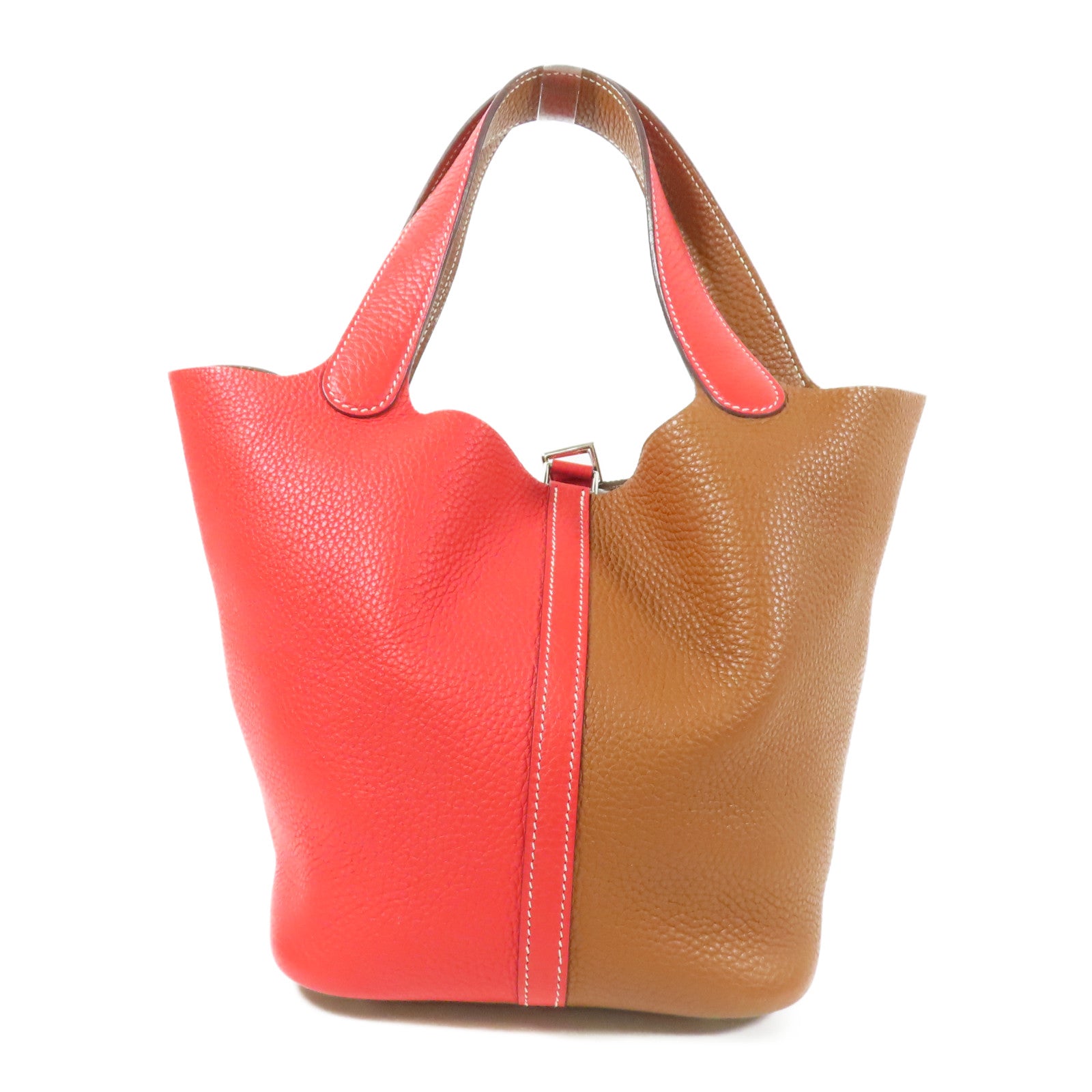 HERMES Clemence皮革Picotin MM銀扣手挽袋Gold/Rouge de Coeu