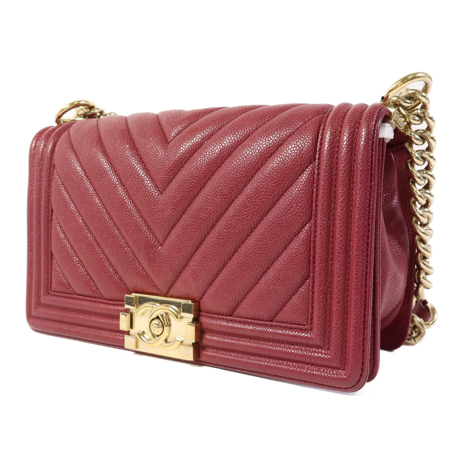 CHANEL 牛皮皮革Boy 25金扣鏈帶肩背袋