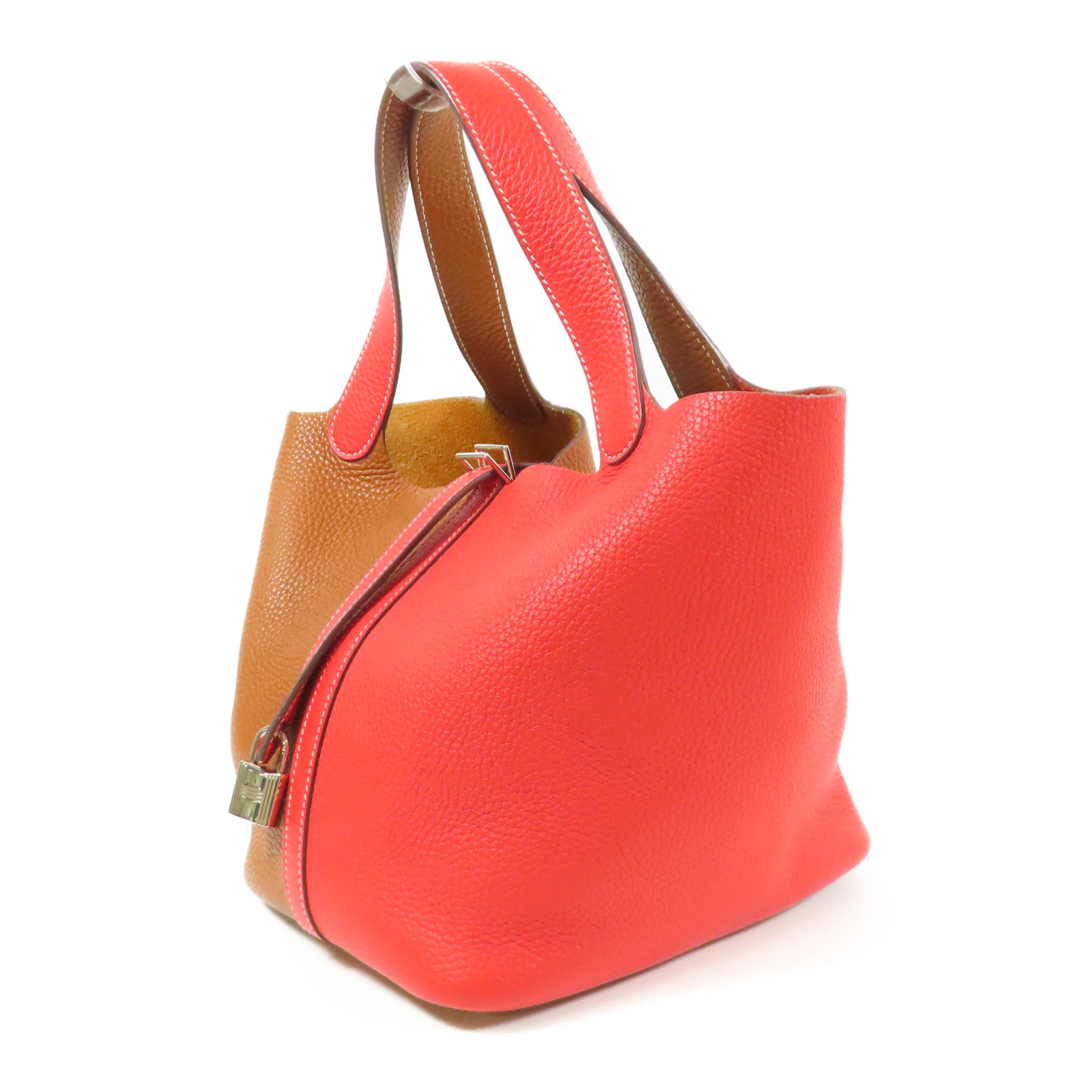 HERMES Clemence皮革Picotin MM銀扣手挽袋Gold/Rouge de Coeu