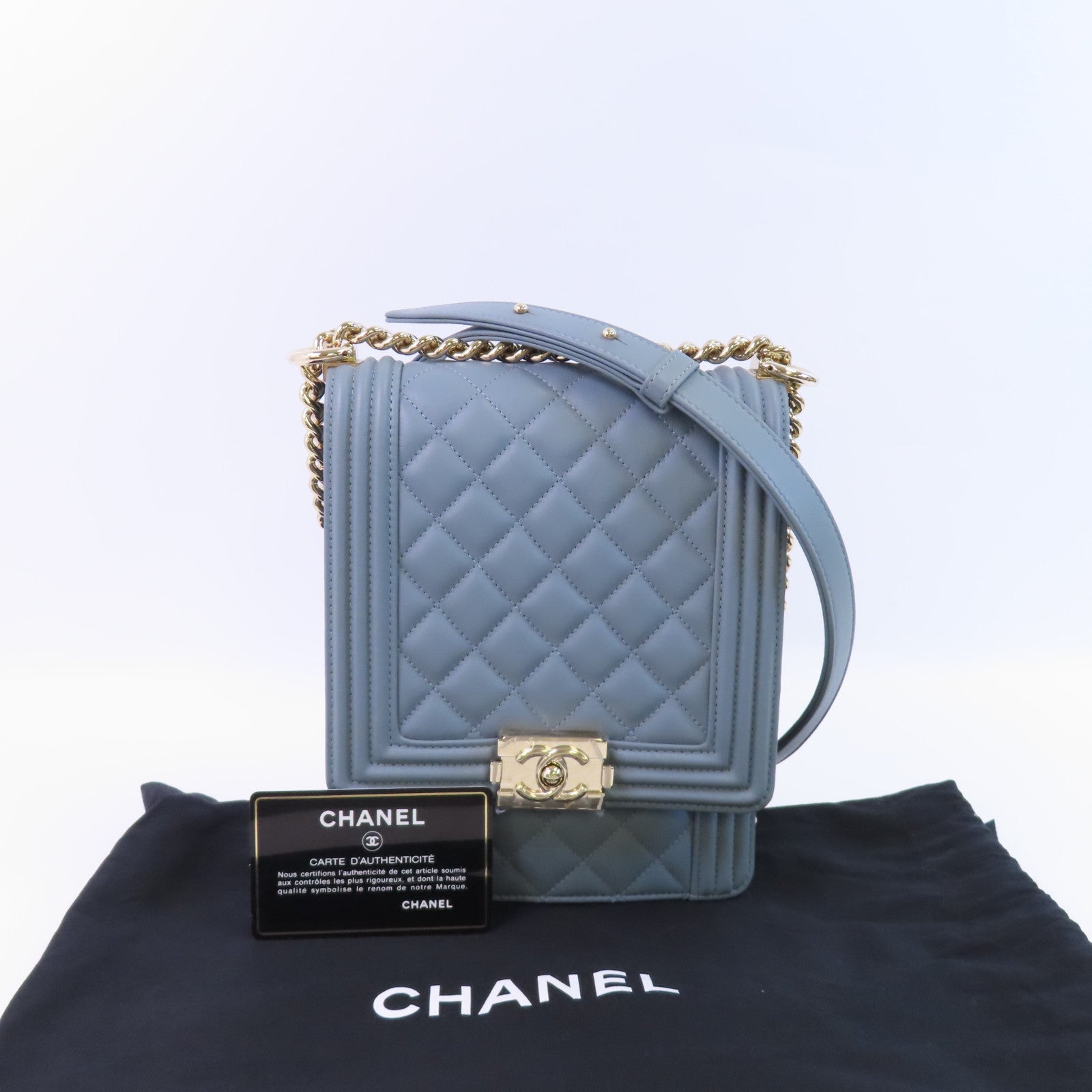 CHANEL 牛皮皮革Boy North South金扣鏈帶肩背袋