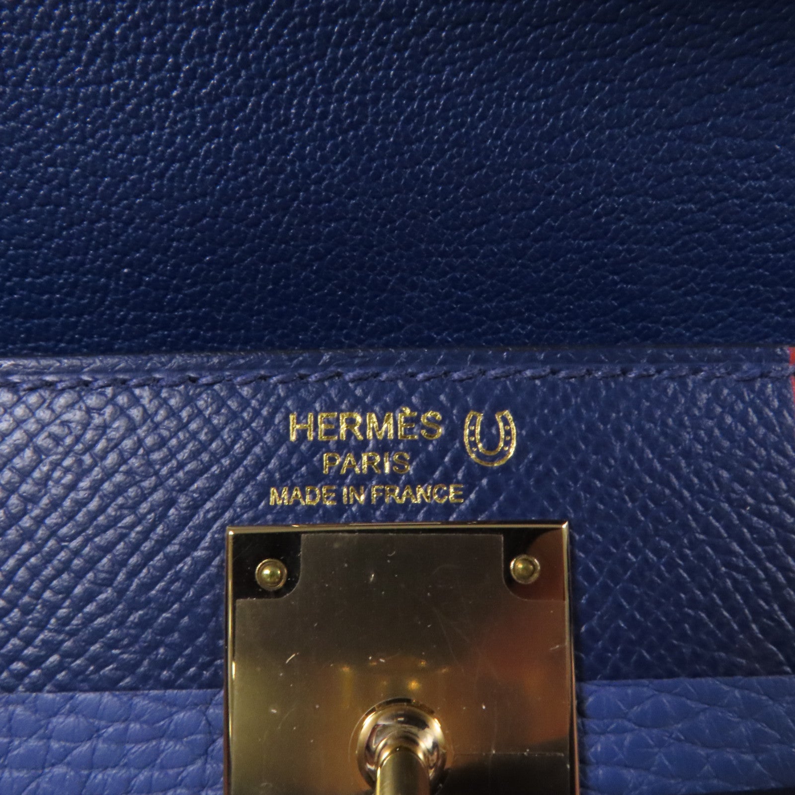 HERMES Epsom/Clemence皮革Kelly 28金扣手挽肩背兩用袋 Bleu Saphir/ Brique