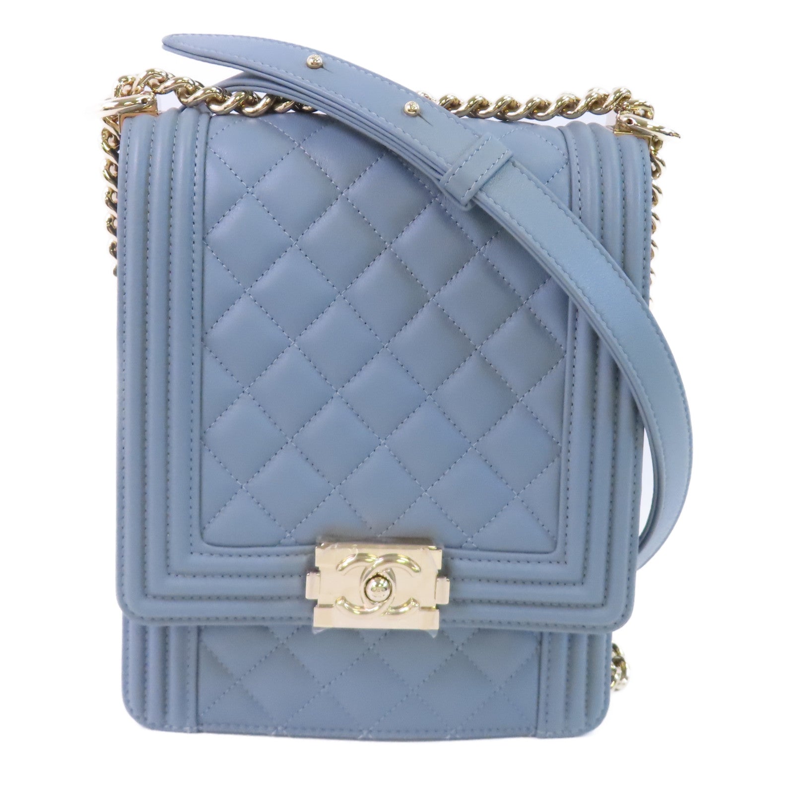 CHANEL 牛皮皮革Boy North South金扣鏈帶肩背袋