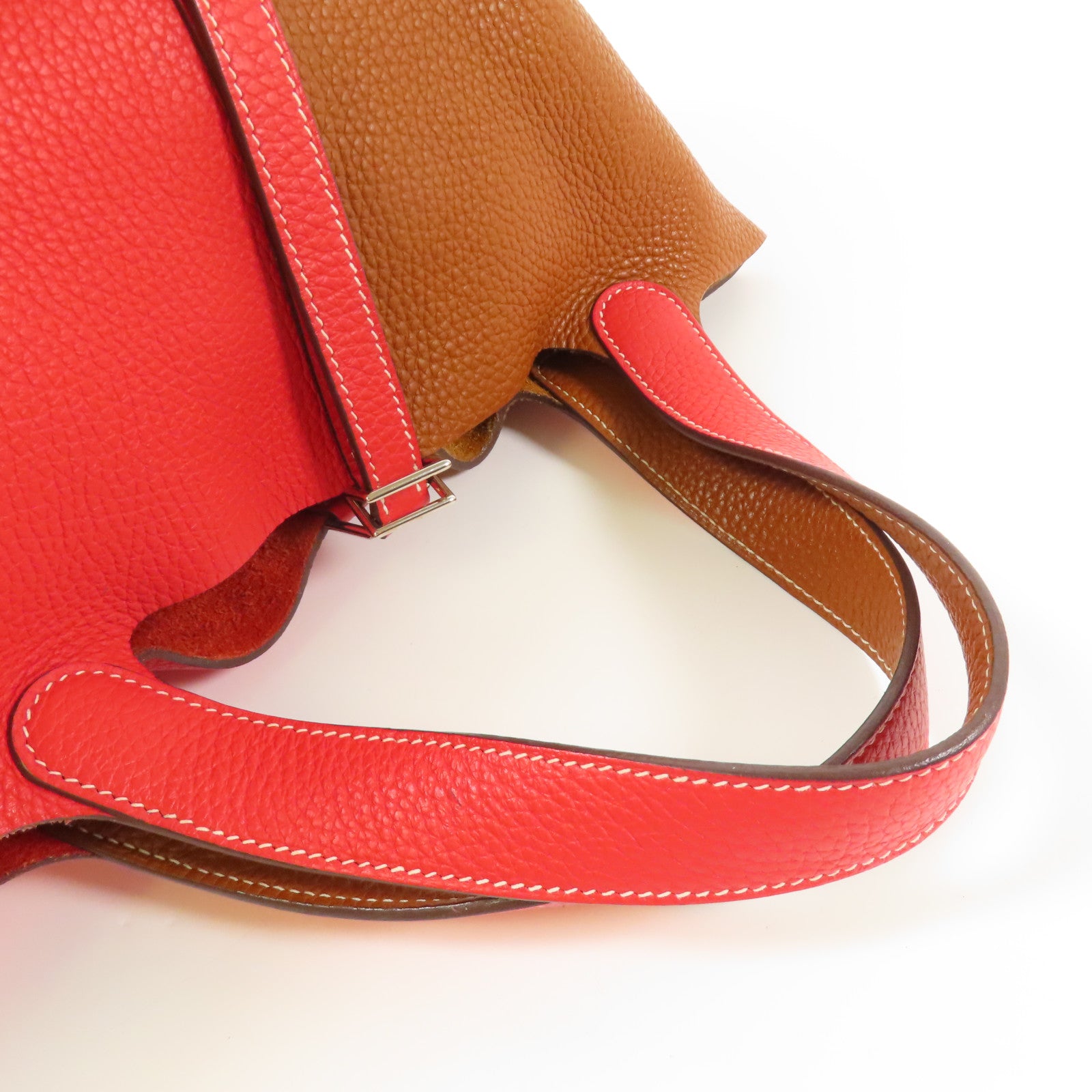 HERMES Clemence皮革Picotin MM銀扣手挽袋Gold/Rouge de Coeu