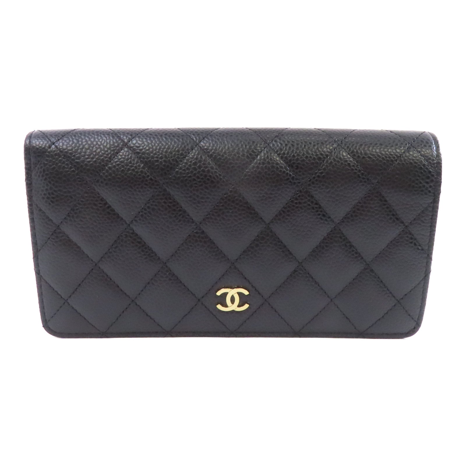 CHANEL 菱格Caviar皮革Long Wallet金扣長錢包黑色
