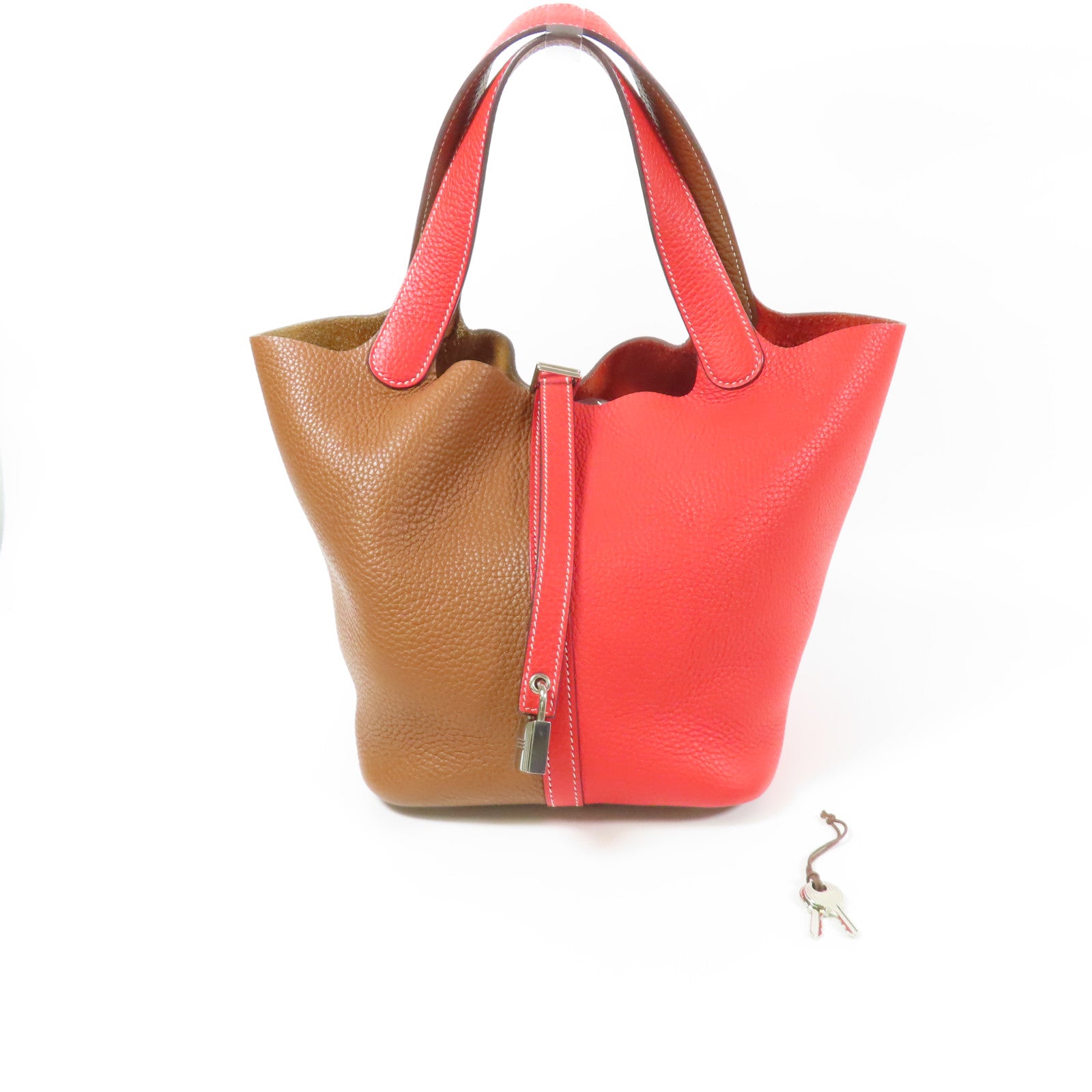 HERMES Clemence皮革Picotin MM銀扣手挽袋Gold/Rouge de Coeu