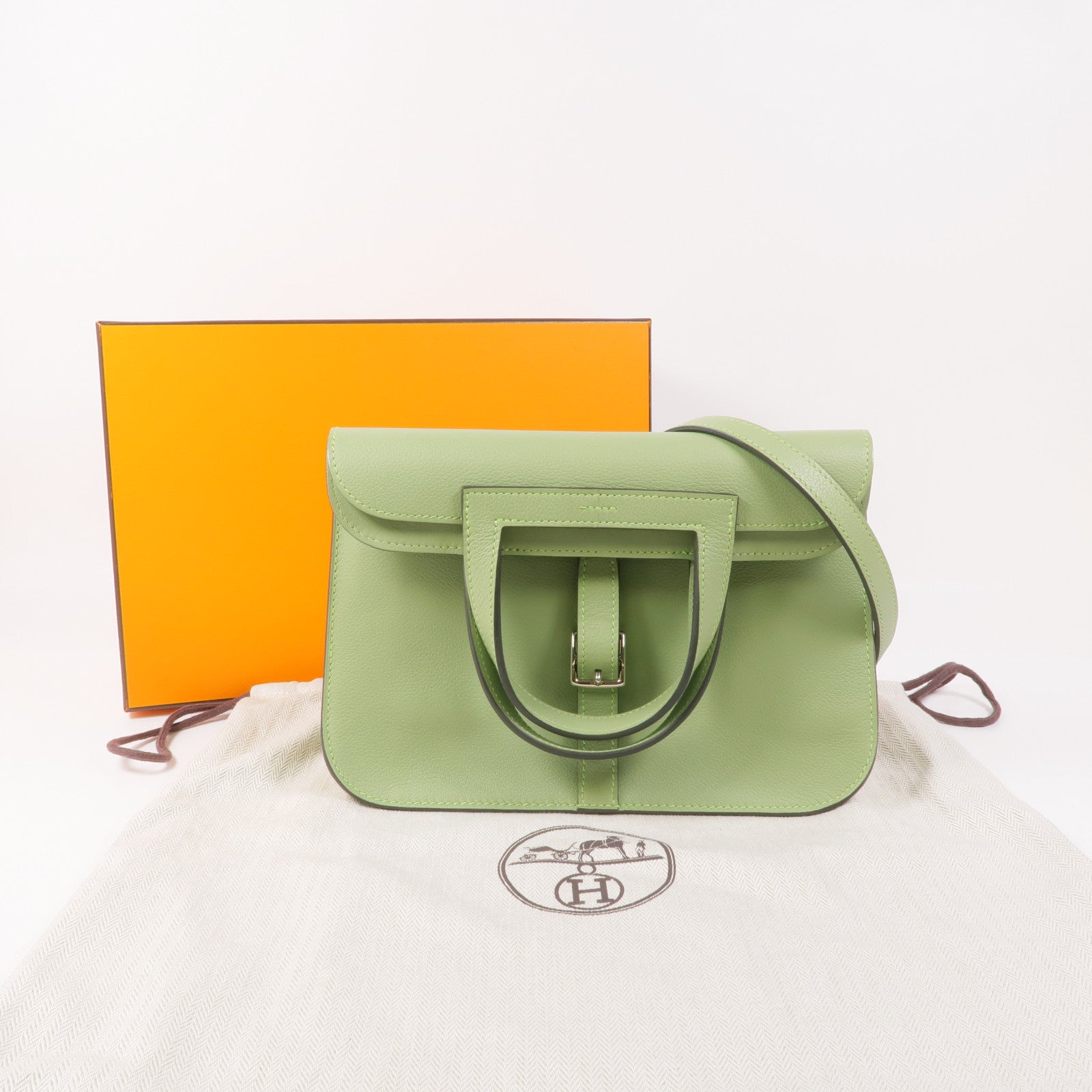 HERMES Evercolor皮革Halzan 25銀扣手挽肩背兩用袋Vert Criquet