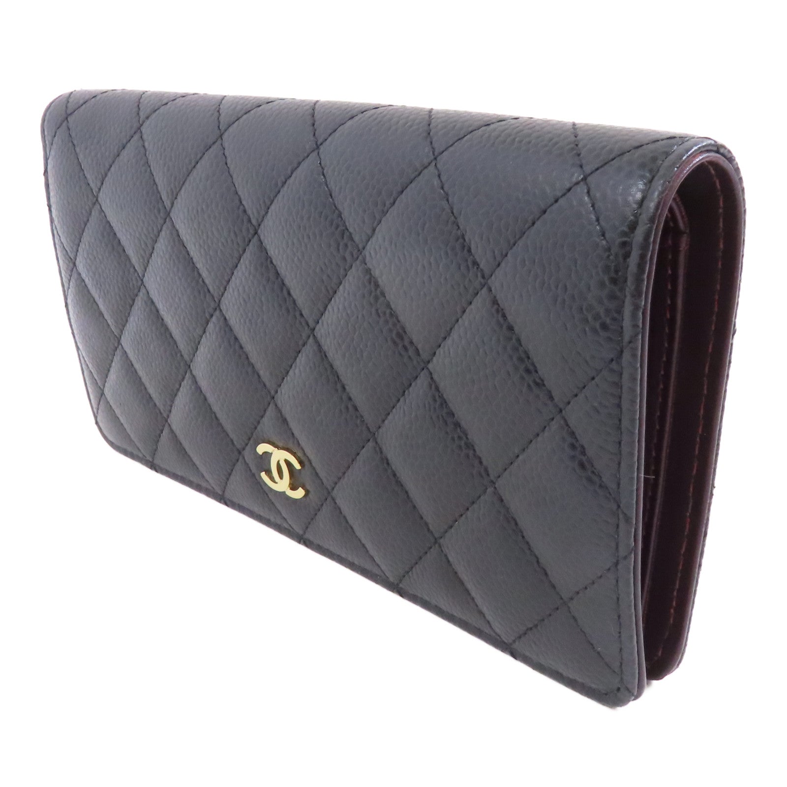 CHANEL 菱格Caviar皮革Long Wallet金扣長錢包黑色
