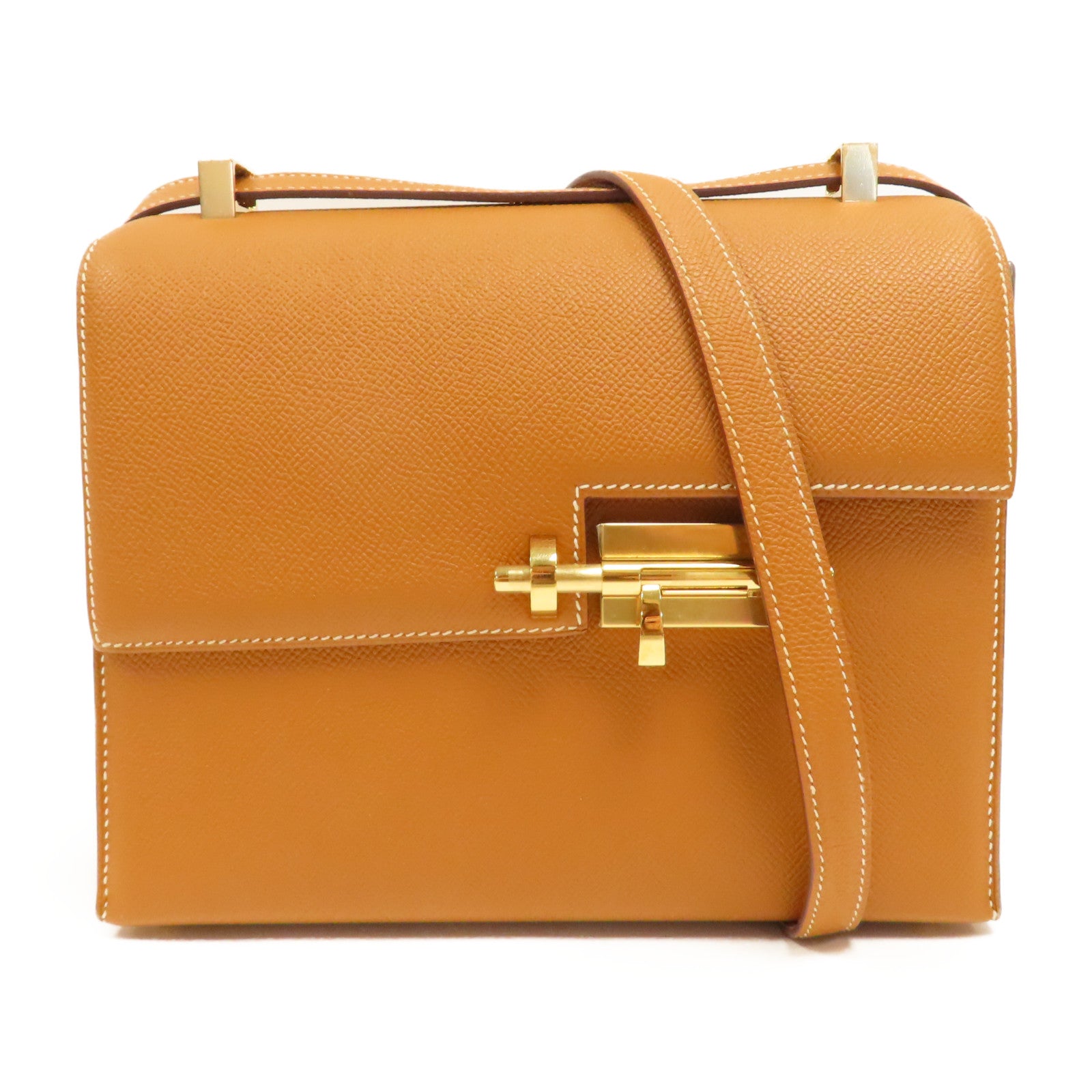 HERMES Epsom皮革Verrou 21金扣肩背袋Gold/啡色