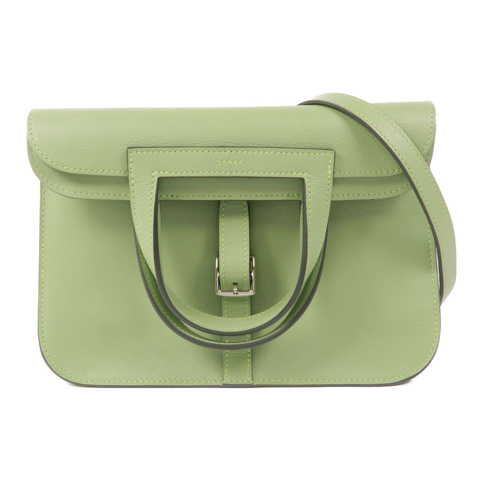 HERMES Evercolor皮革Halzan 25銀扣手挽肩背兩用袋Vert Criquet