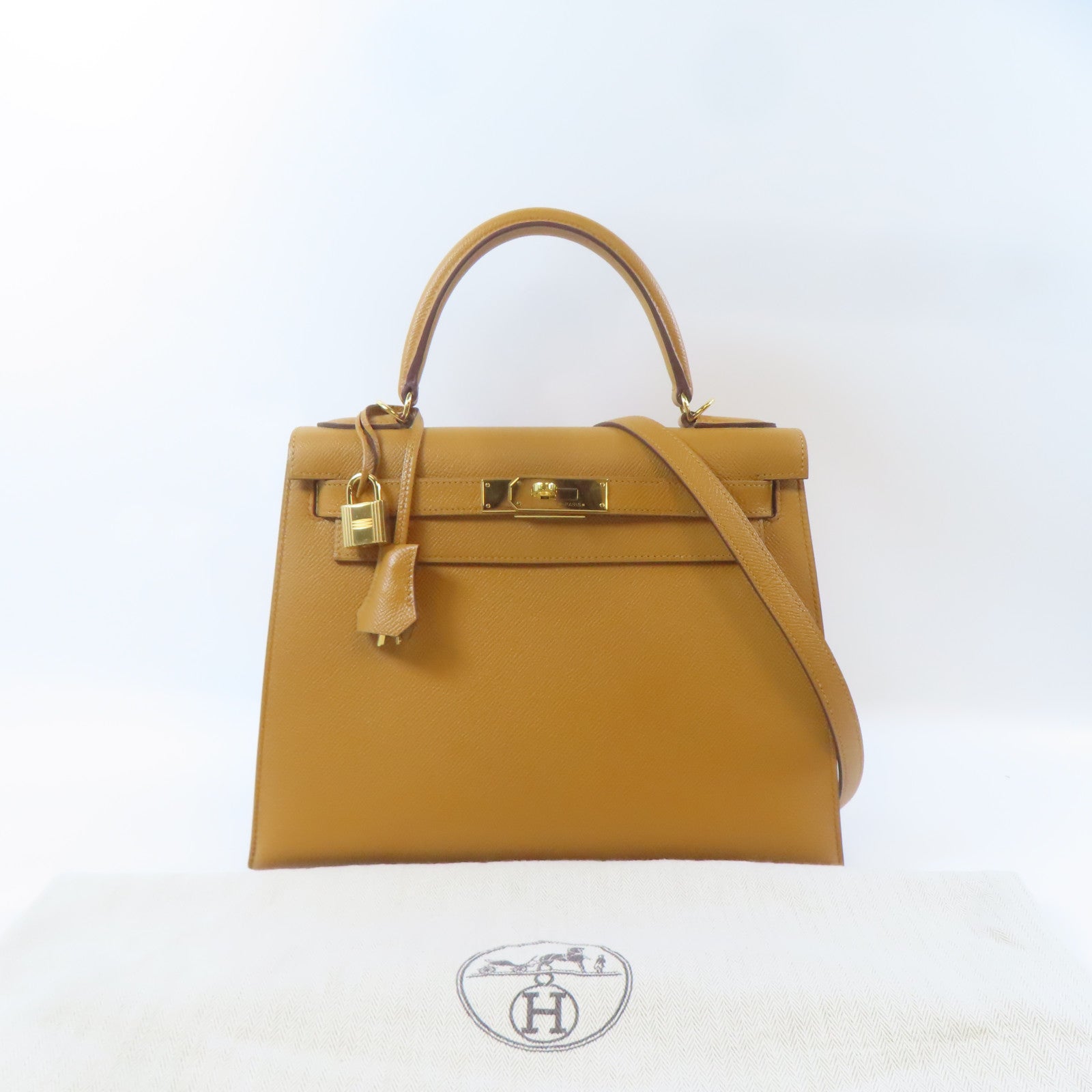 HERMES Epsom皮革Kelly 28金扣手挽肩背兩用袋Caramel/啡色