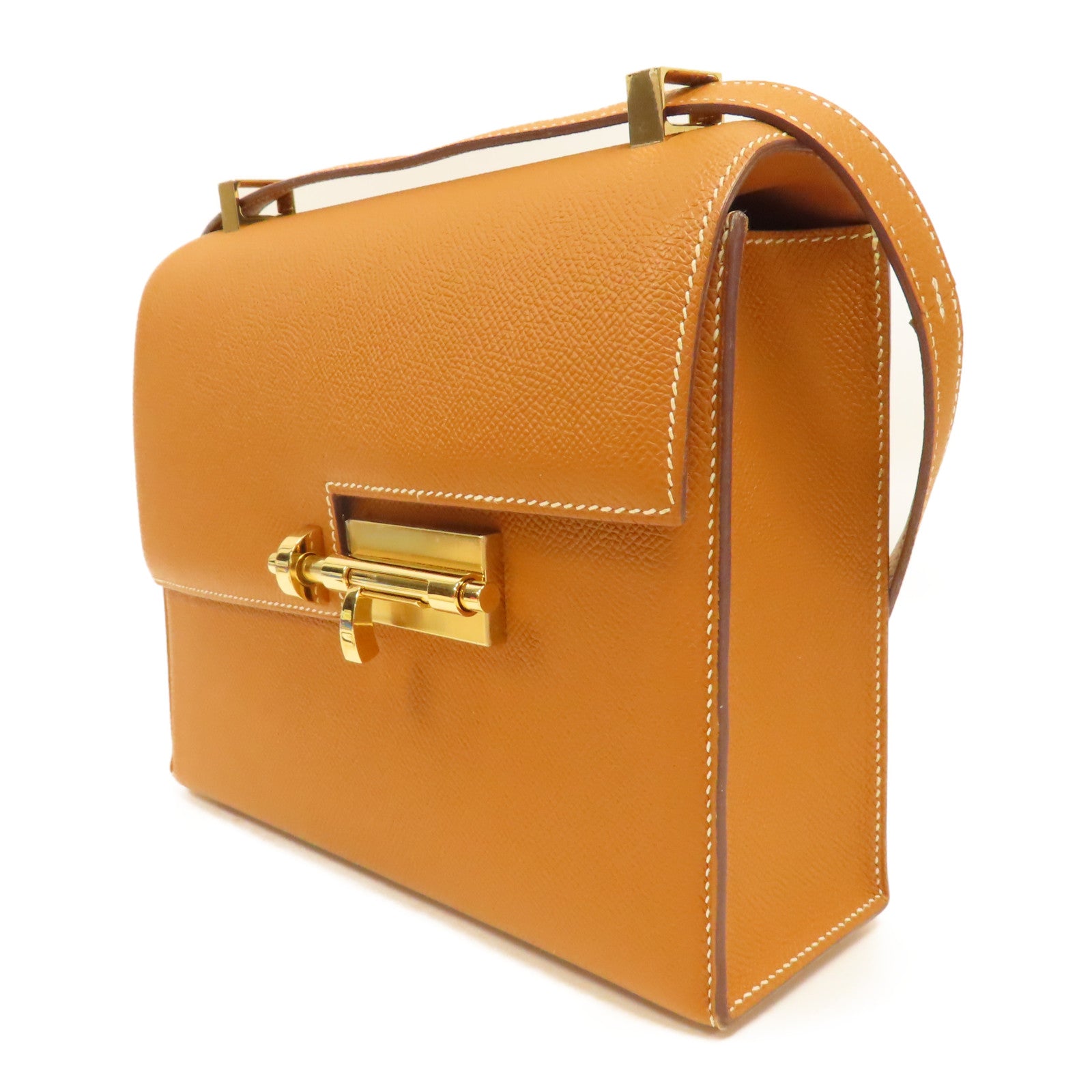 HERMES Epsom皮革Verrou 21金扣肩背袋Gold/啡色