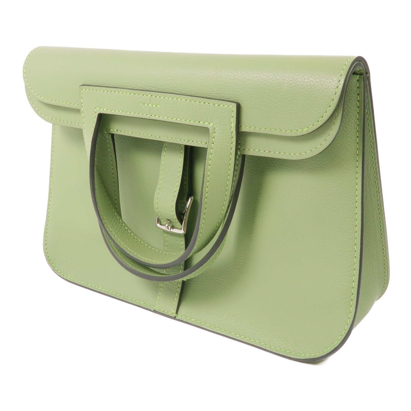 HERMES Evercolor皮革Halzan 25銀扣手挽肩背兩用袋Vert Criquet