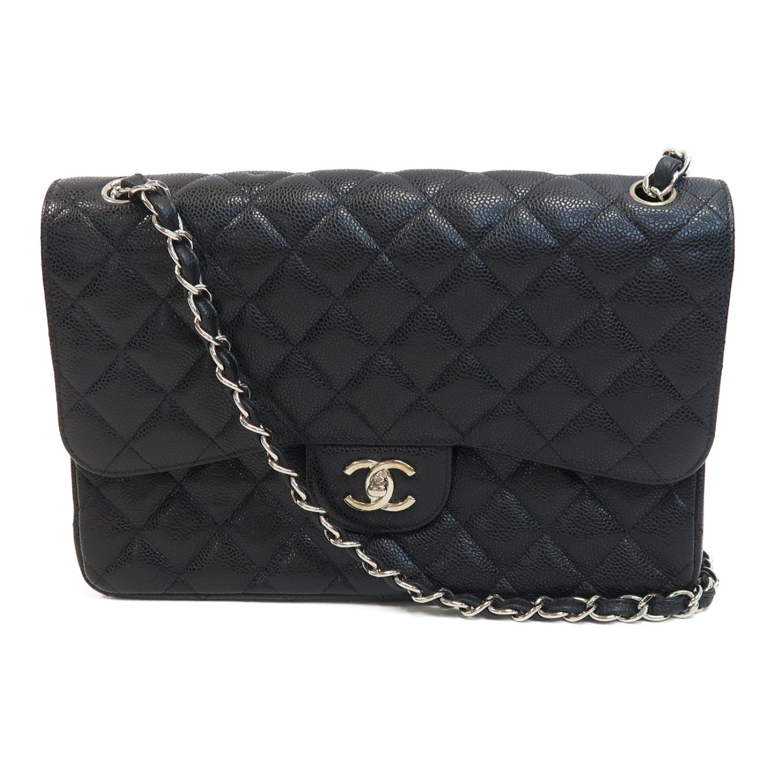 CHANEL 菱格Caviar皮革Jumbo銀扣鏈帶肩背袋黑色