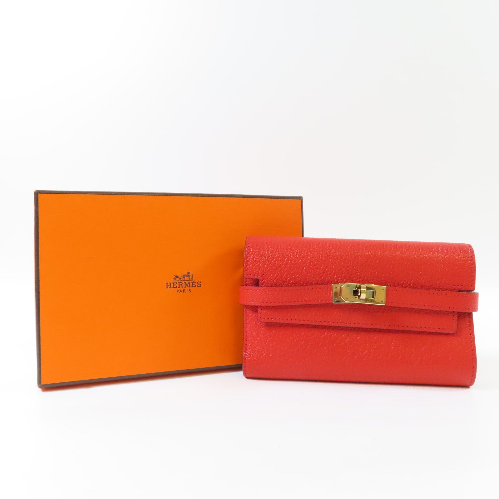 HERMES 【激減優惠】Chevre皮革Kelly Wallet金扣錢包Rouge Tomate/紅色