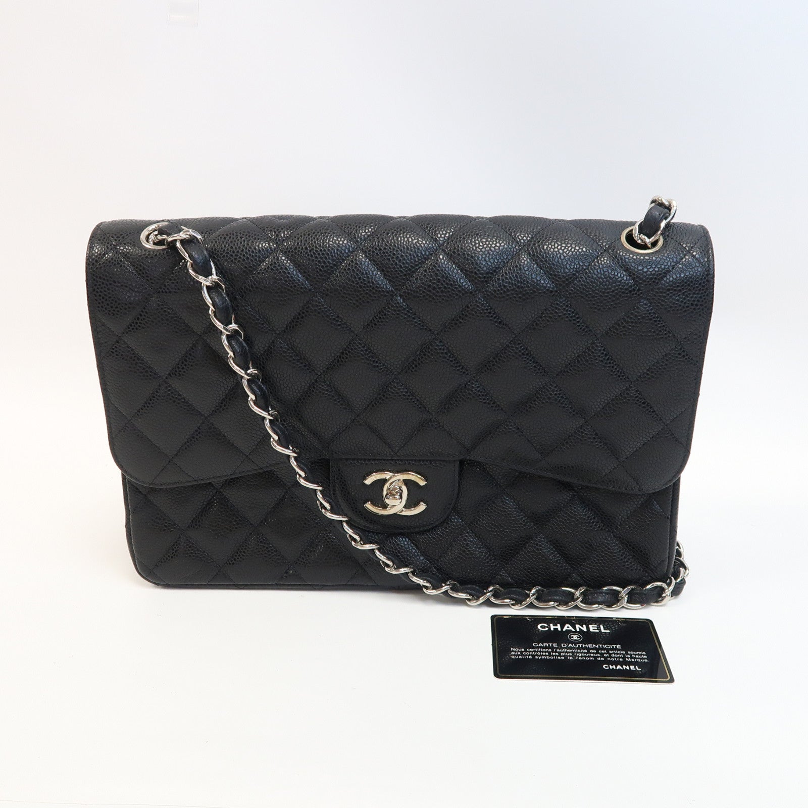 CHANEL 菱格Caviar皮革Jumbo銀扣鏈帶肩背袋黑色