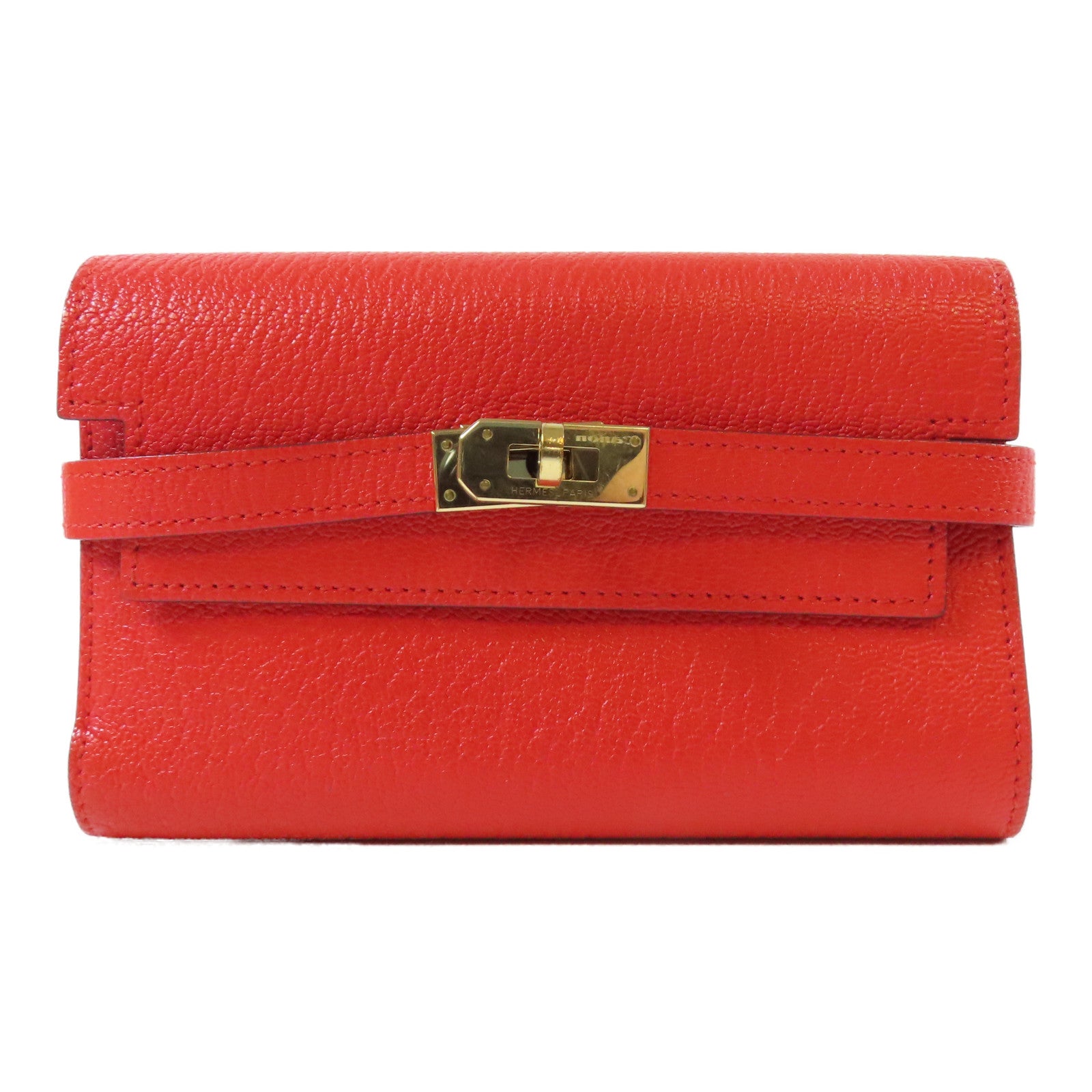 HERMES 【激減優惠】Chevre皮革Kelly Wallet金扣錢包Rouge Tomate/紅色