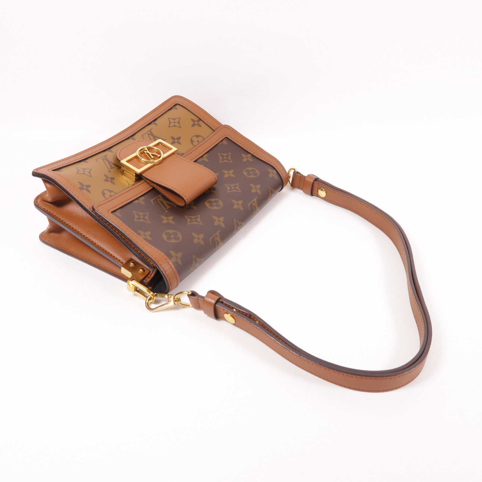 LOUIS VUITTON Monogram/Monogram Reverse Dauphine MM金扣手挽肩背兩用袋棕色