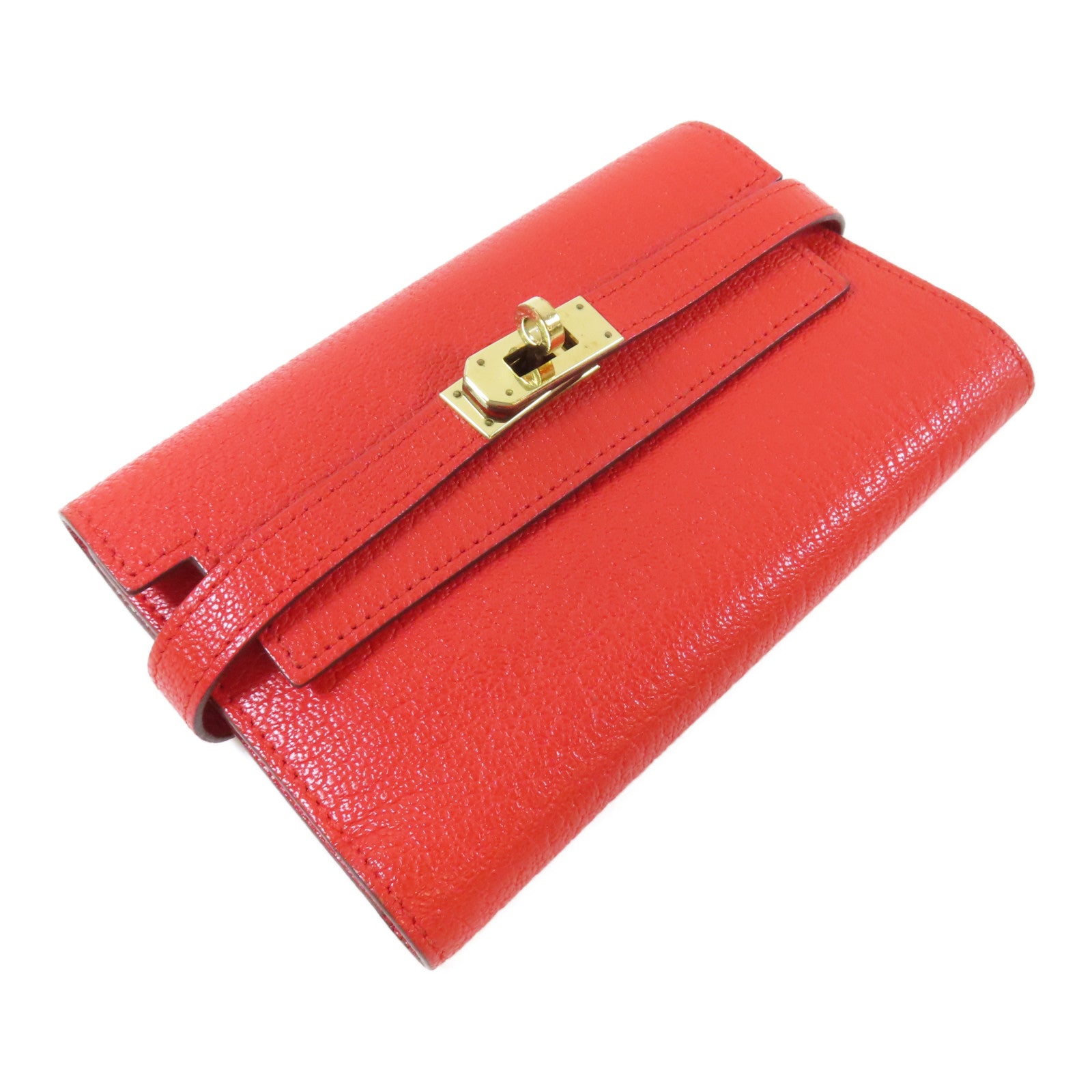 HERMES 【激減優惠】Chevre皮革Kelly Wallet金扣錢包Rouge Tomate/紅色