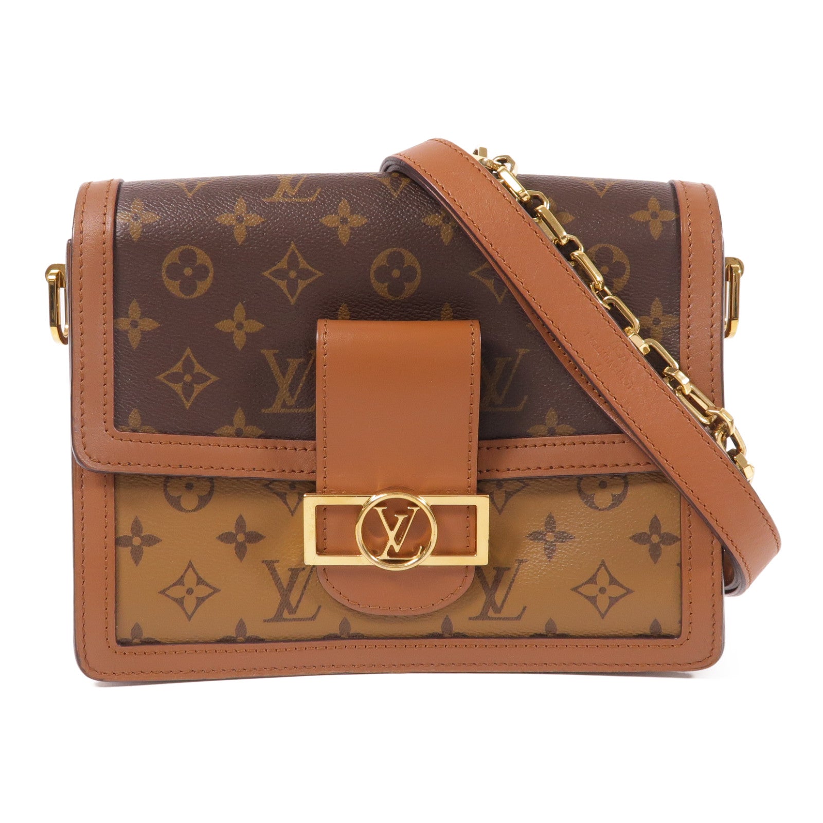 LOUIS VUITTON Monogram/Monogram Reverse Dauphine MM金扣手挽肩背兩用袋棕色