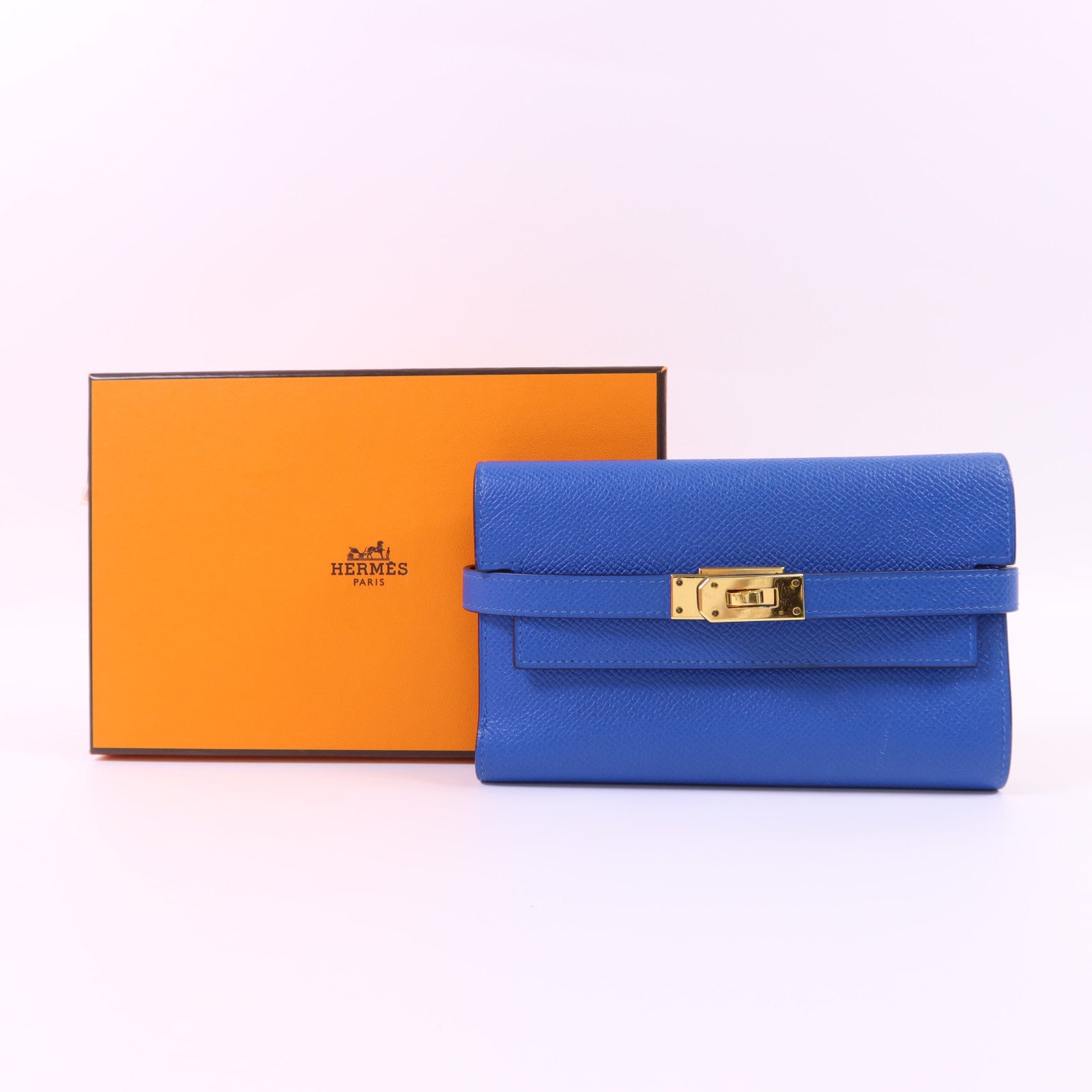 HERMES Epsom皮革Kelly Short Wallet金扣錢包Blue Zanzibar