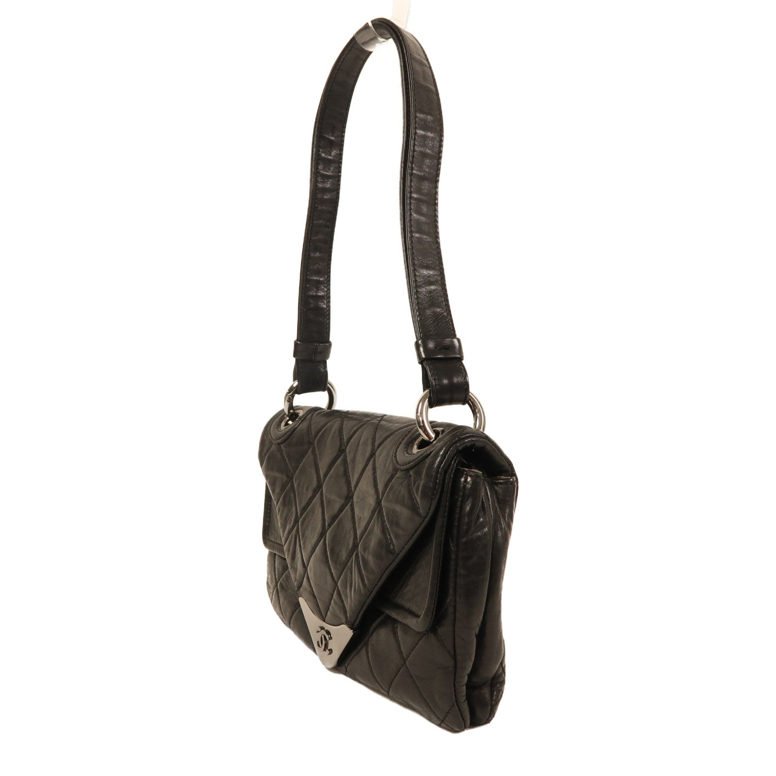 CHANEL 牛皮皮革Shoulder Bag銀扣肩背袋黑色