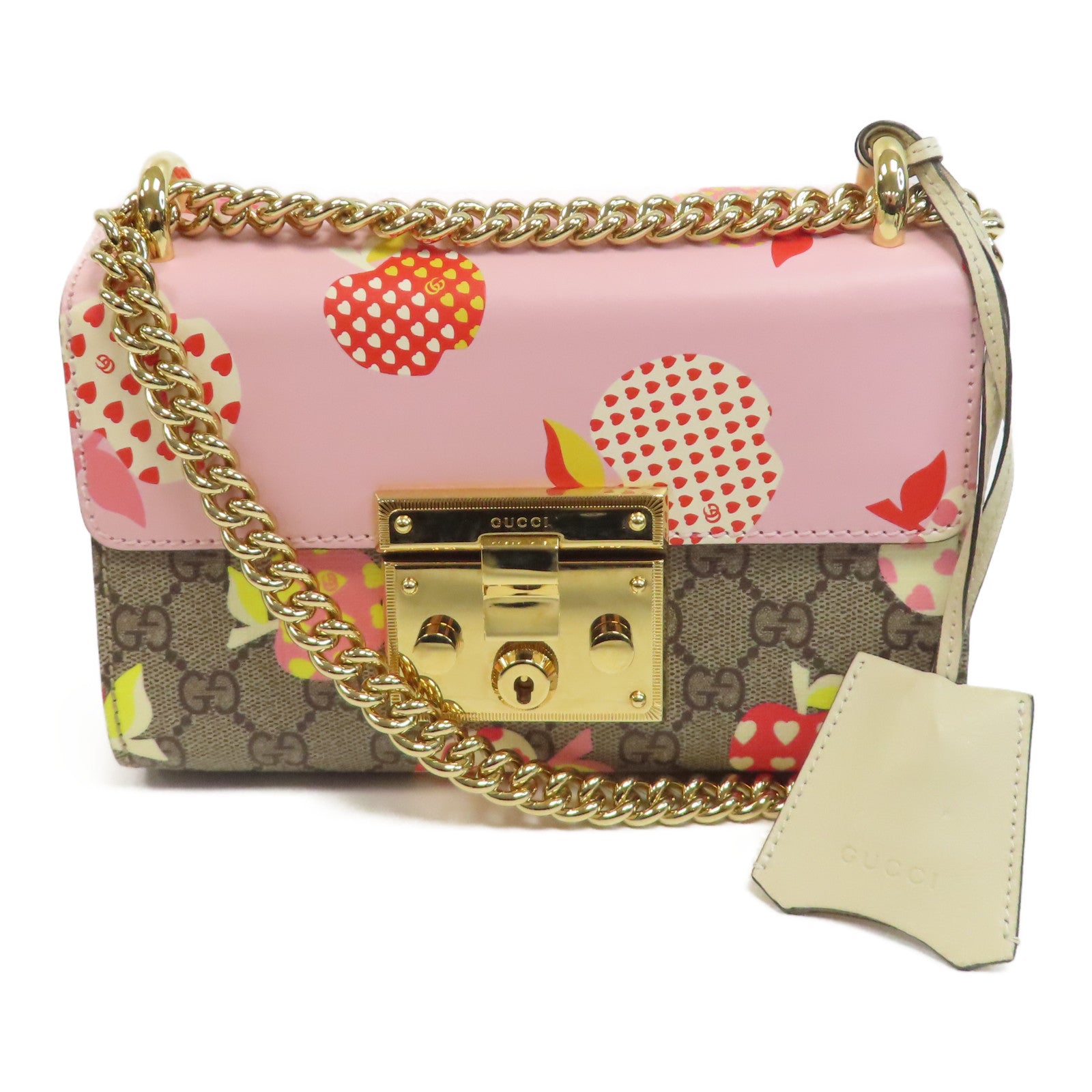 GUCCI 牛皮皮革/塗層帆布Shoulder Bag金扣鏈帶肩背袋啡色/粉紅色