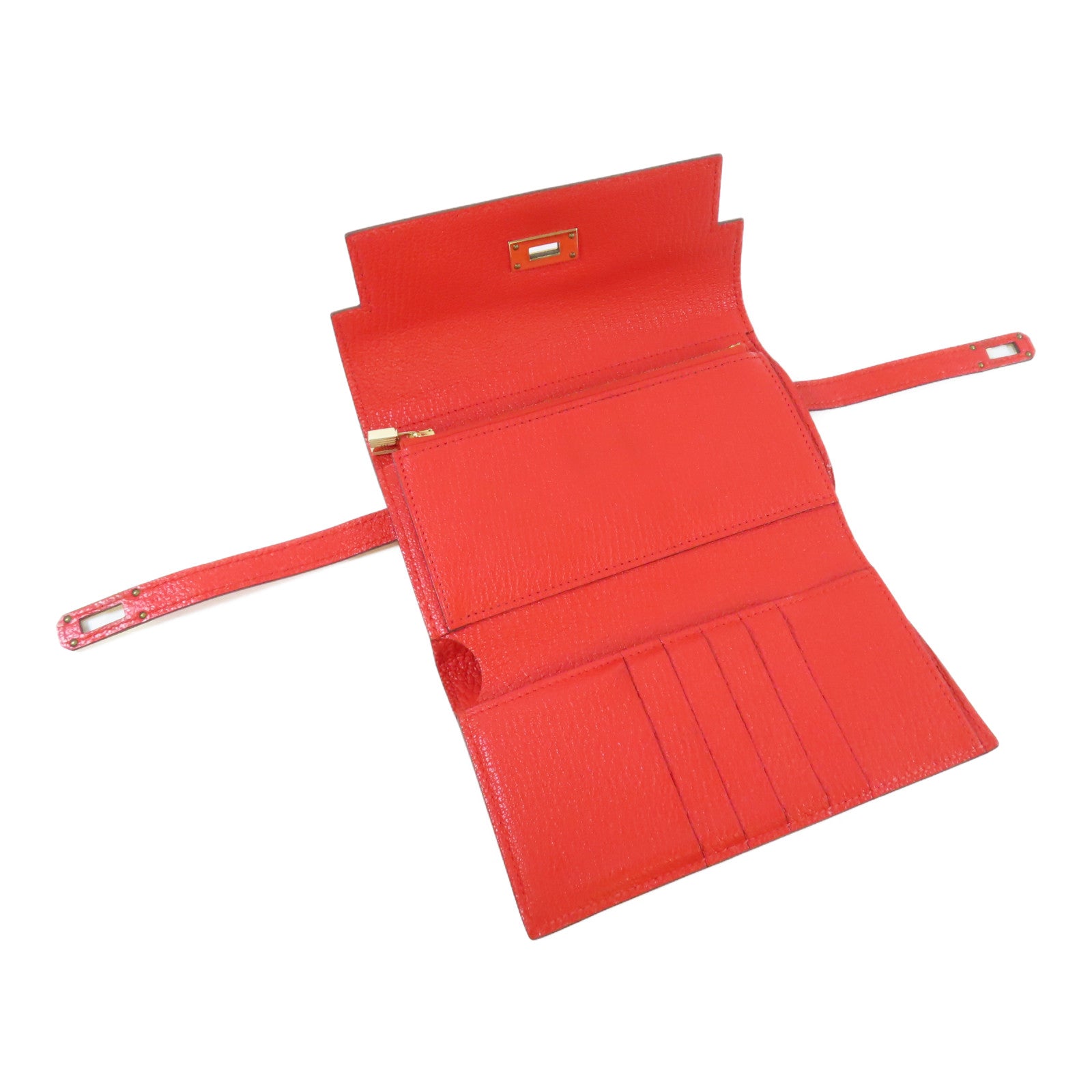 HERMES 【激減優惠】Chevre皮革Kelly Wallet金扣錢包Rouge Tomate/紅色
