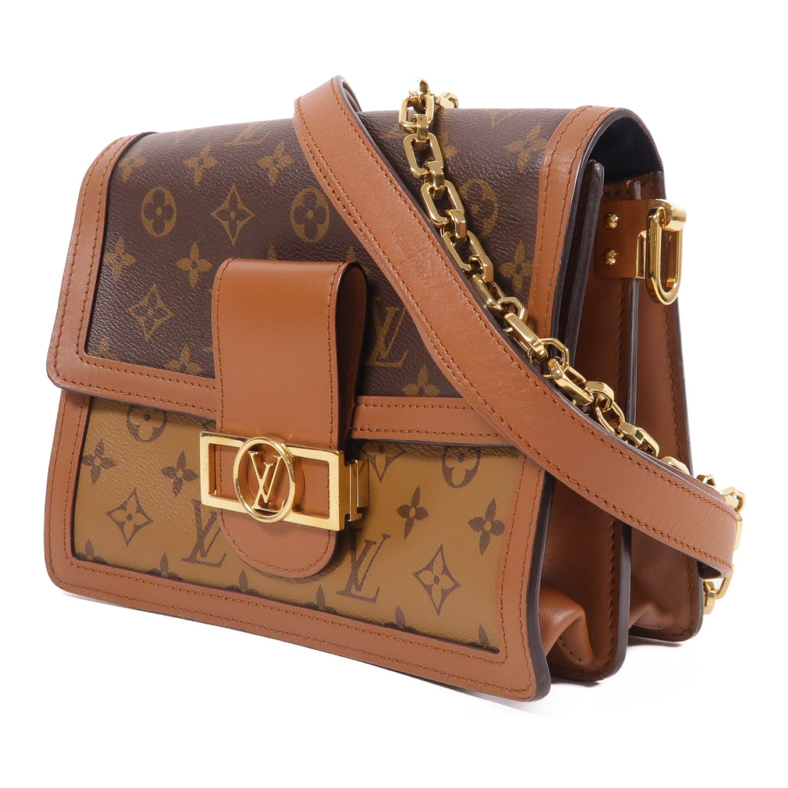 LOUIS VUITTON Monogram/Monogram Reverse Dauphine MM金扣手挽肩背兩用袋棕色