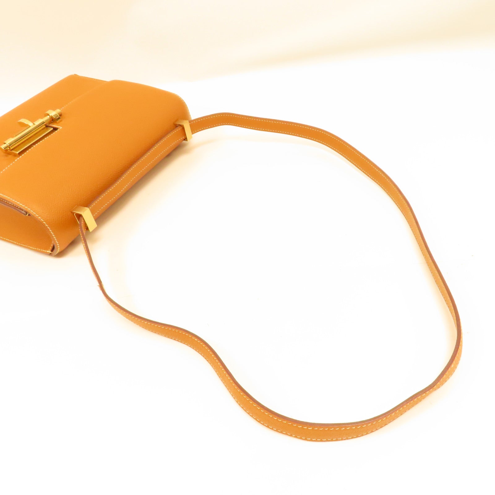 HERMES Epsom皮革Verrou 21金扣肩背袋Gold/啡色