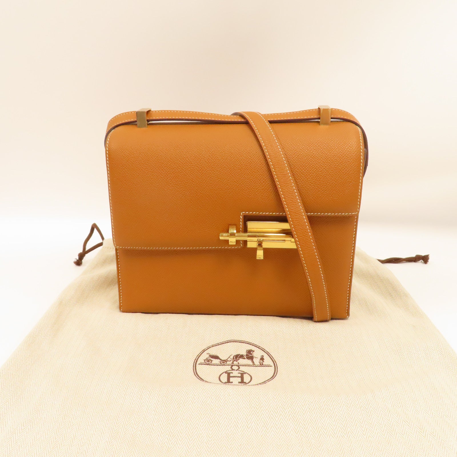 HERMES Epsom皮革Verrou 21金扣肩背袋Gold/啡色