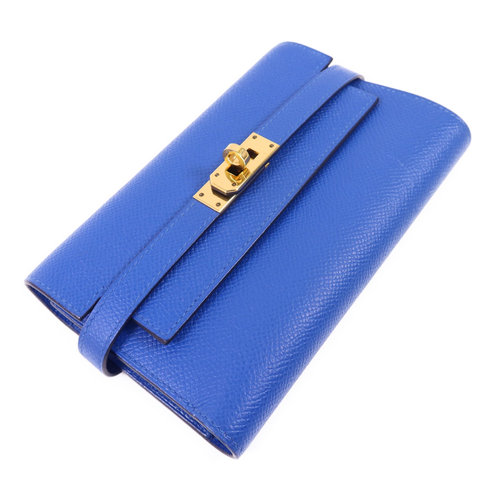 HERMES Epsom皮革Kelly Short Wallet金扣錢包Blue Zanzibar