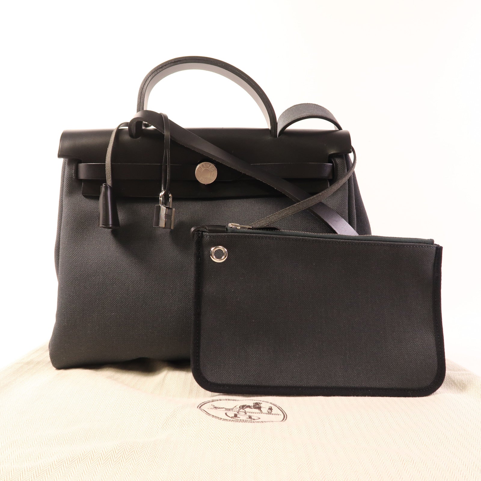 HERMES 帆布Herbag PM銀扣手挽肩背兩用袋Ardoise