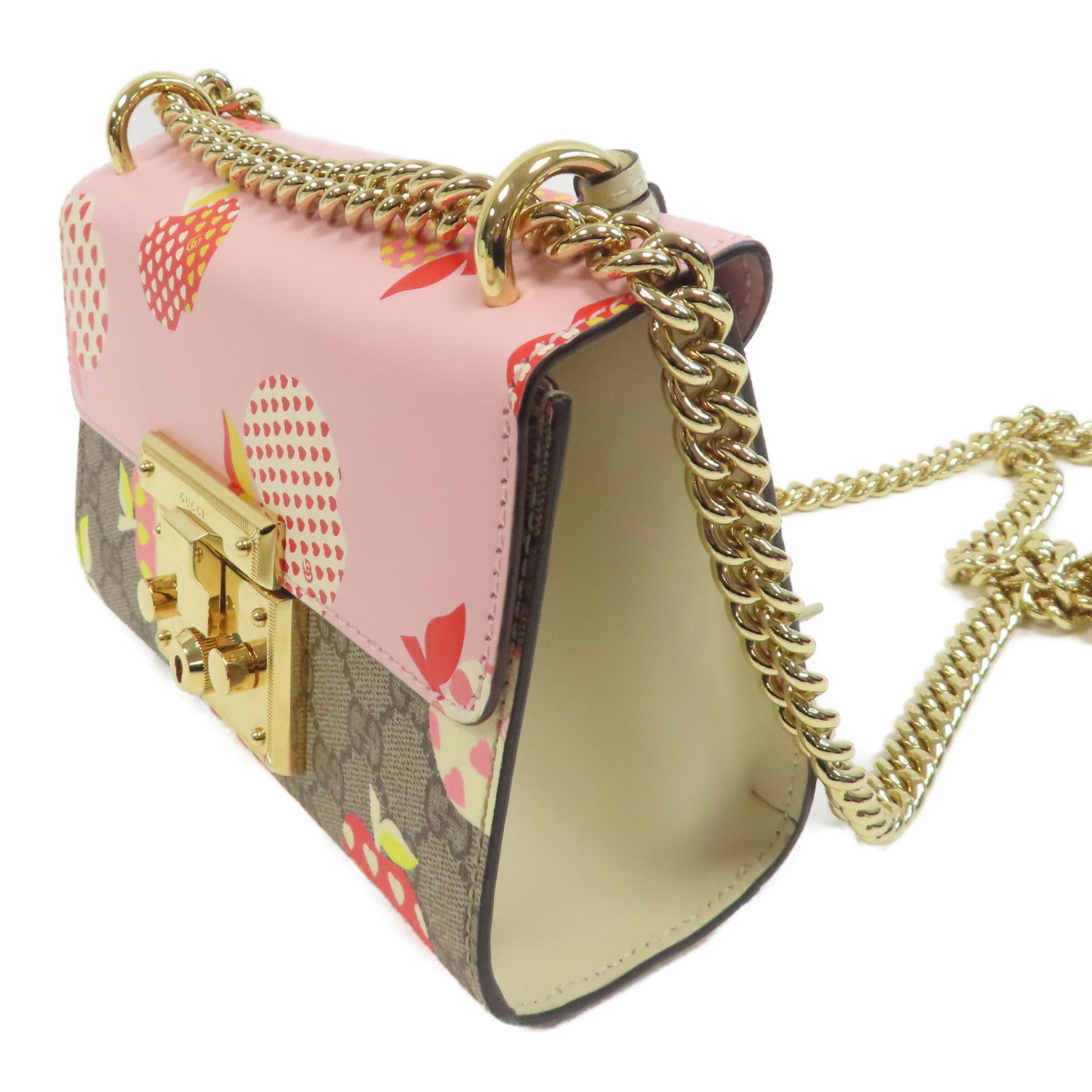 GUCCI 牛皮皮革/塗層帆布Shoulder Bag金扣鏈帶肩背袋啡色/粉紅色