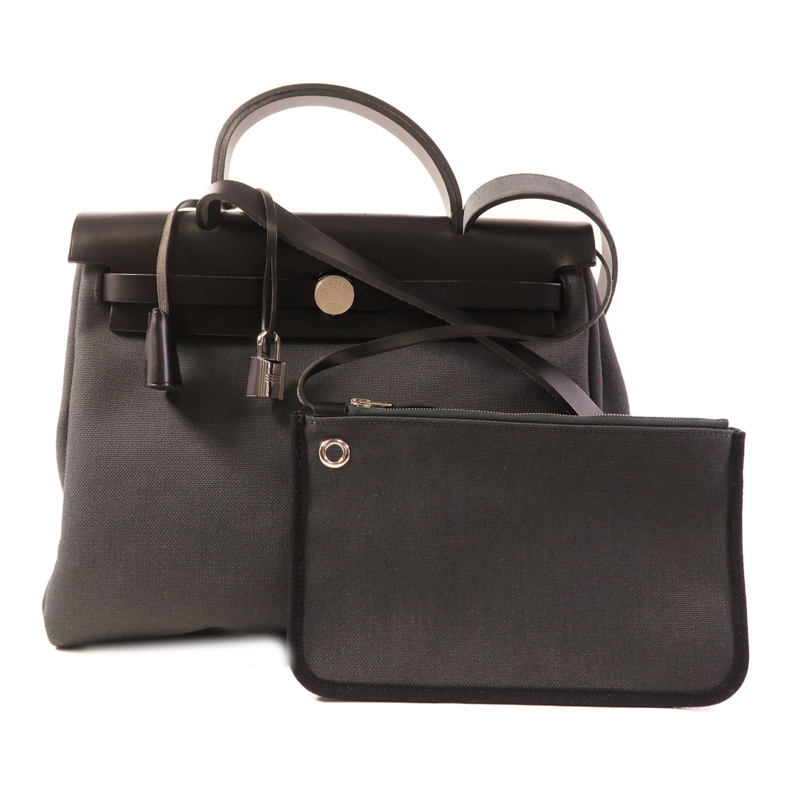 HERMES 帆布Herbag PM銀扣手挽肩背兩用袋Ardoise