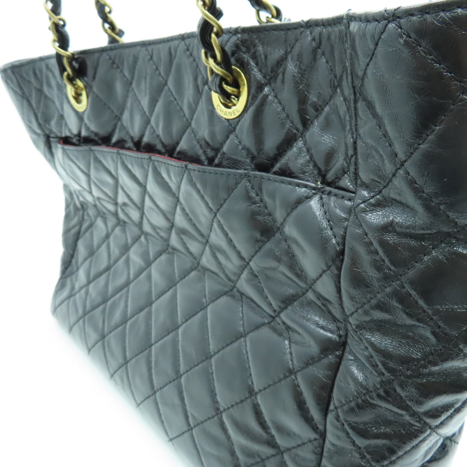 CHANEL 菱格Aged Calf皮革Chain Shoulder金扣肩背袋黑色