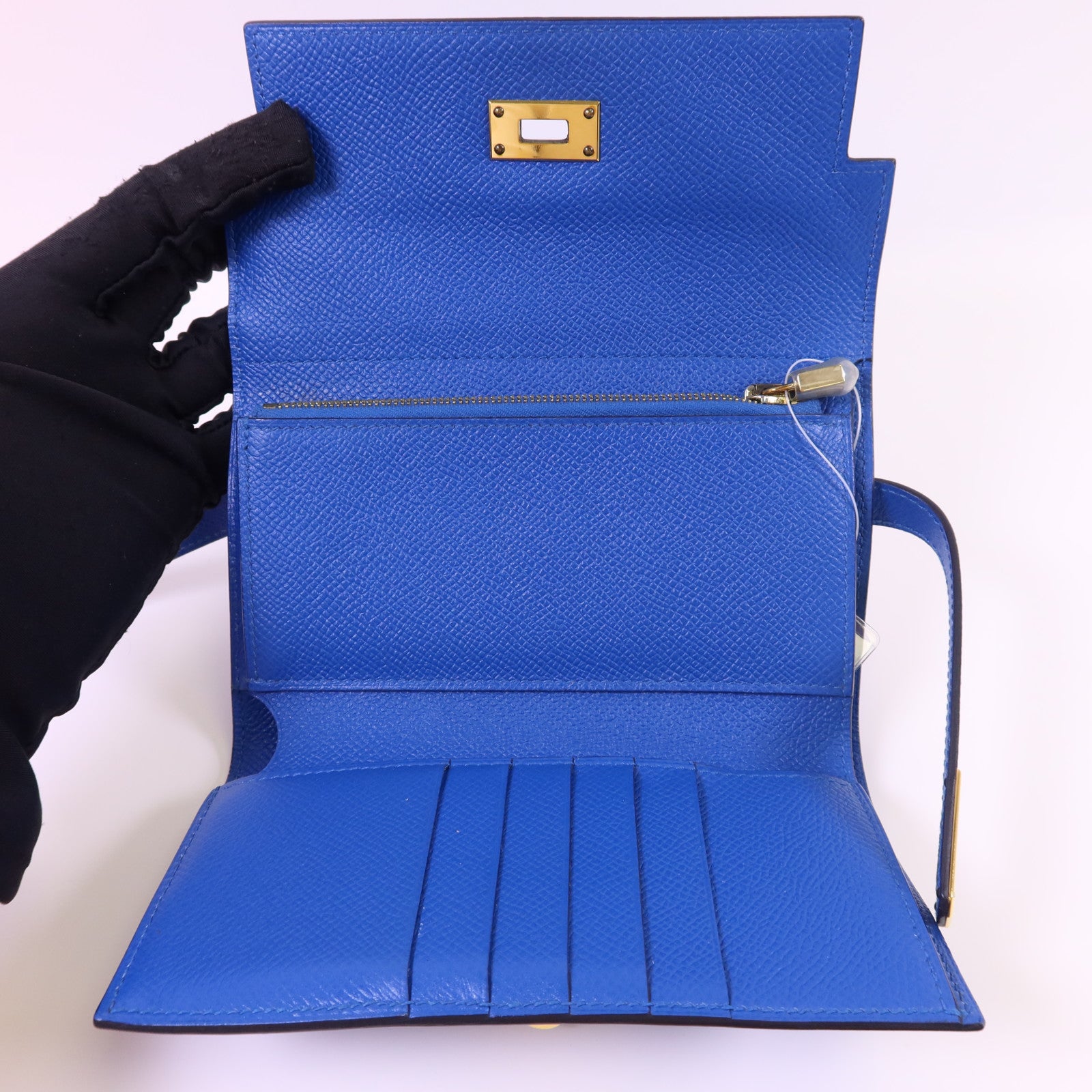 HERMES Epsom皮革Kelly Short Wallet金扣錢包Blue Zanzibar
