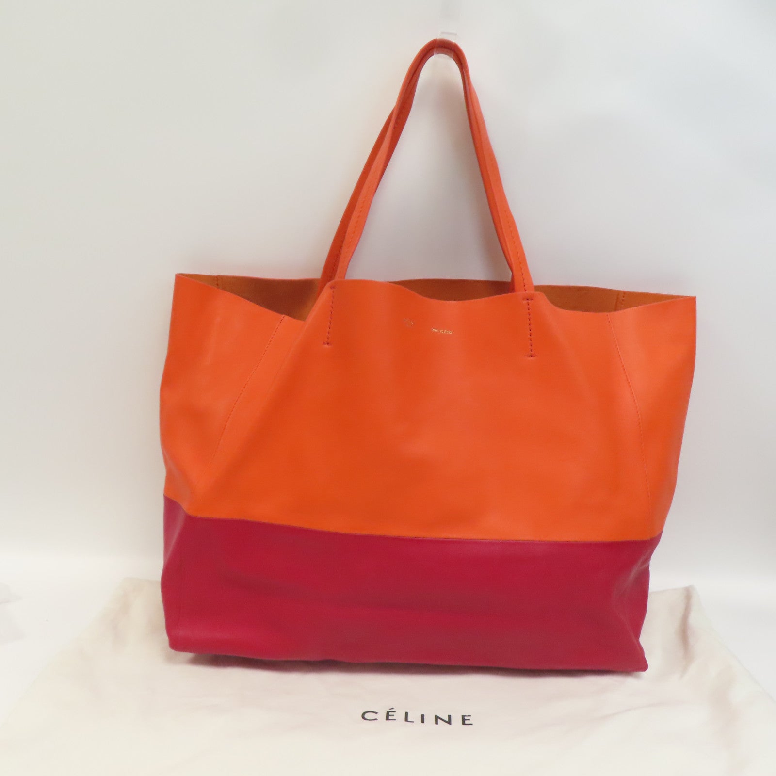 CELINE 羊皮皮革Cabas金扣肩背袋/手挽袋橙色/紅色